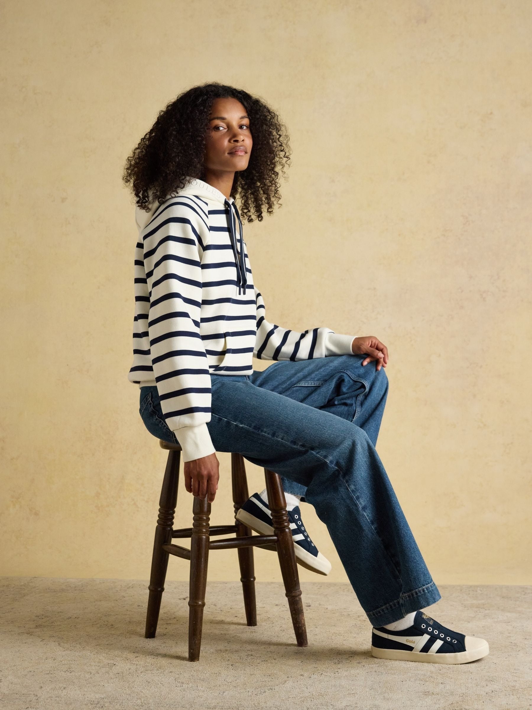 Milbourne Cream & Navy Striped Cotton Blend Hoodie