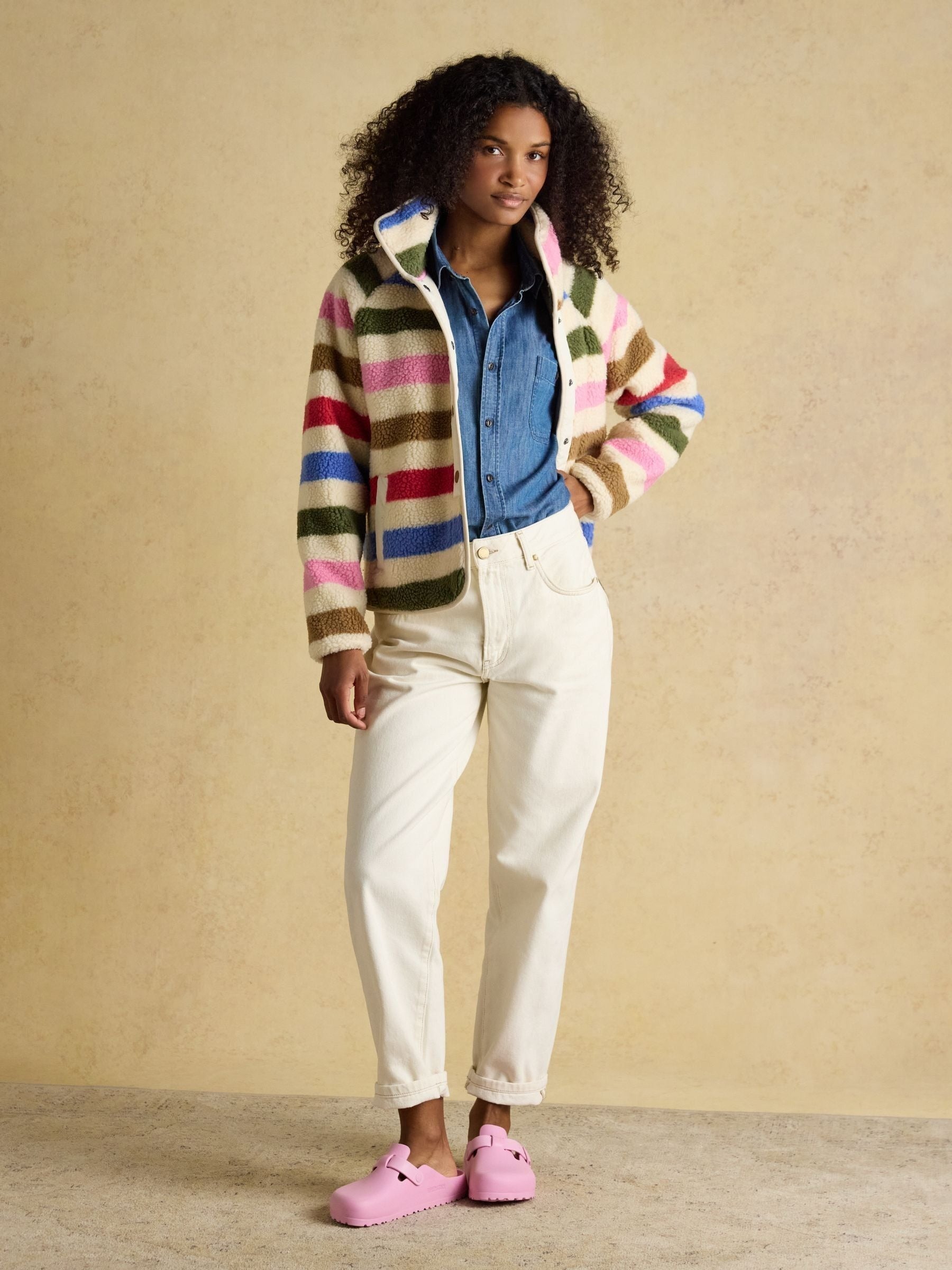 Cream Multi Bright Striped Borg Fleece Jacket