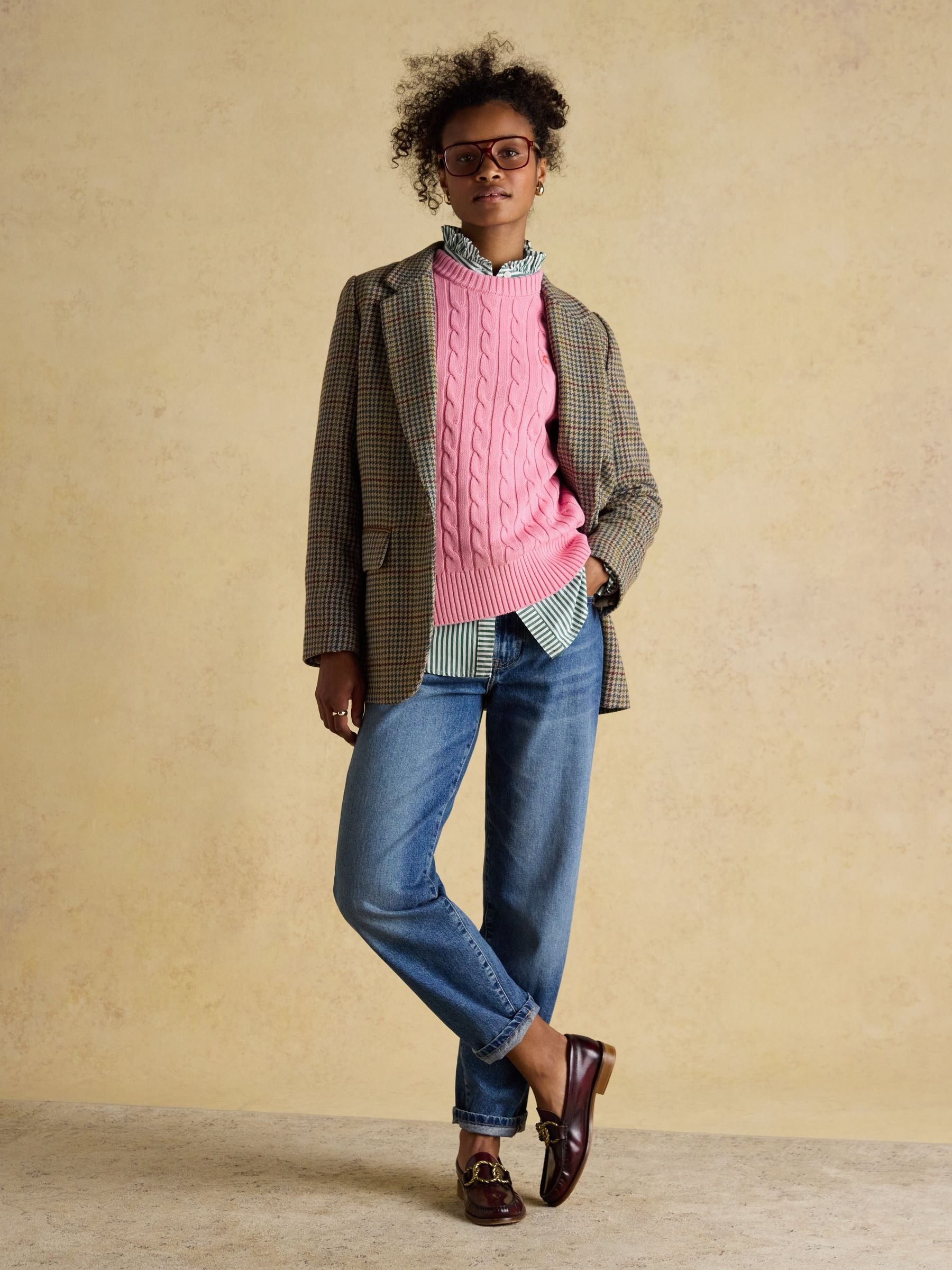 Pink Classic Crew Neck Cotton Cable Knit Jumper