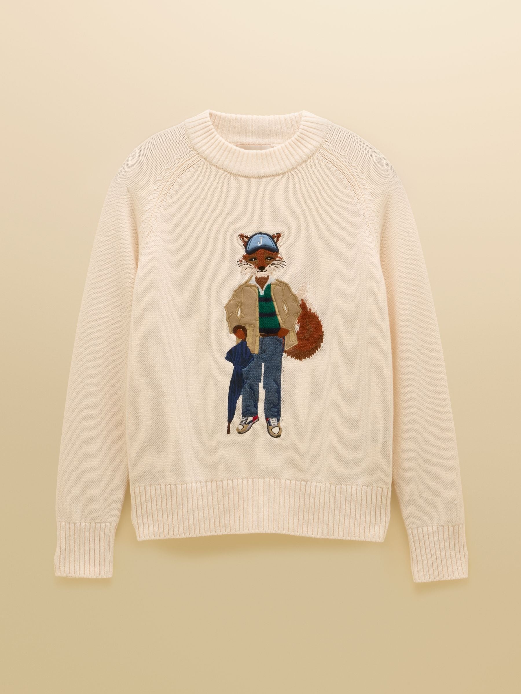 April Showers Cream Jonty Fox Embroidered Cotton-Rich Crew Neck Jumper