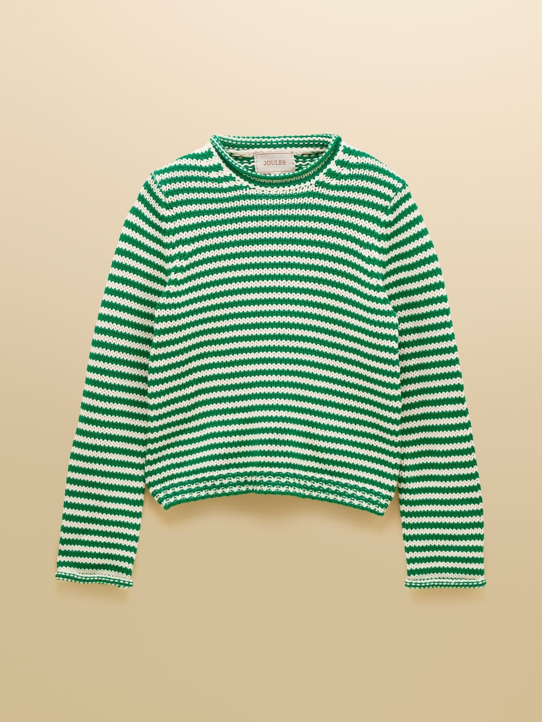 Green & White Striped Cotton Crew Neck Jumper