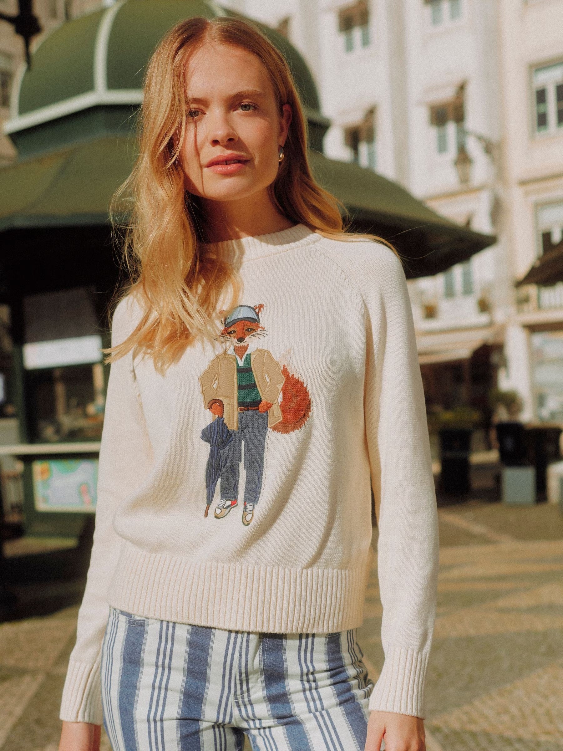 April Showers Cream Jonty Fox Embroidered Cotton-Rich Crew Neck Jumper