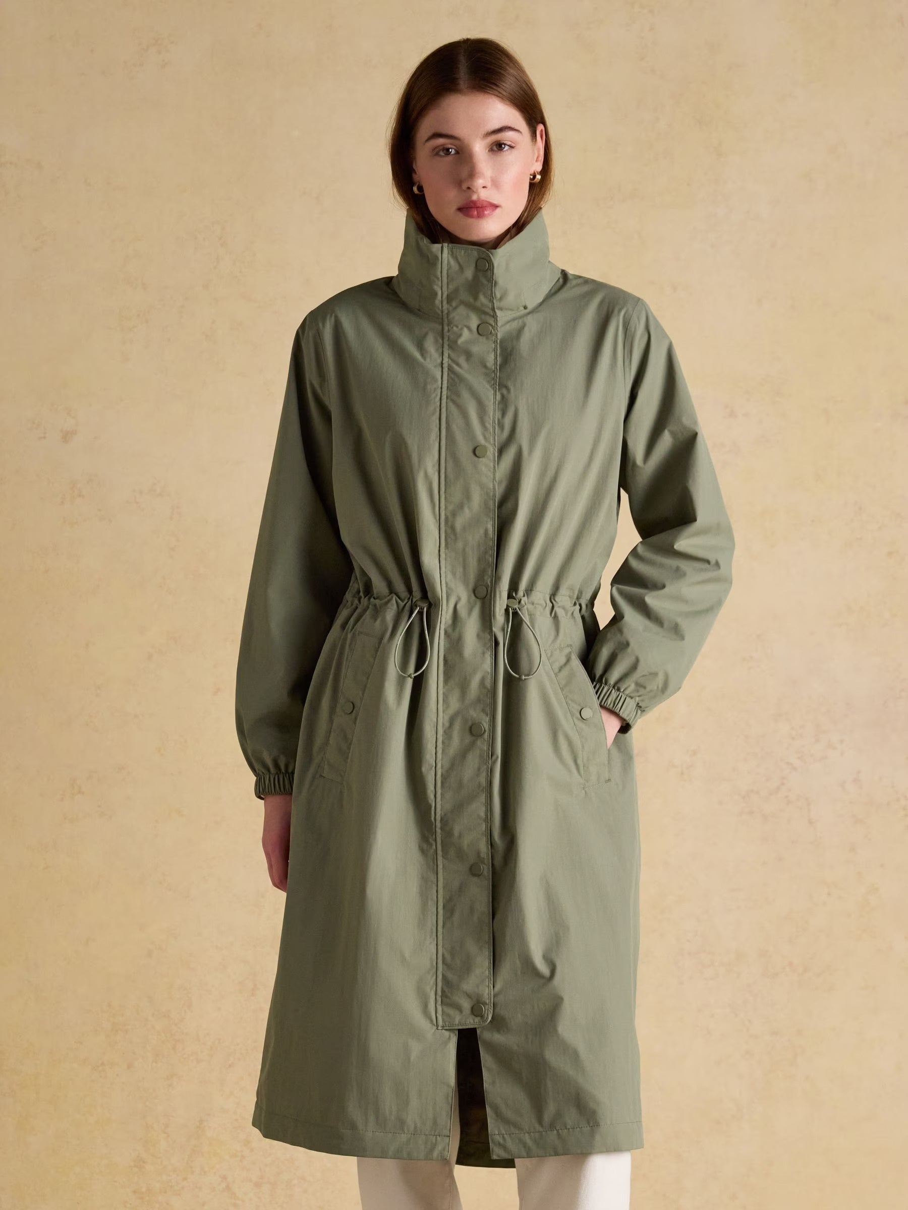 Hensley Khaki Green Longline Waterproof Coat with Packable Hood