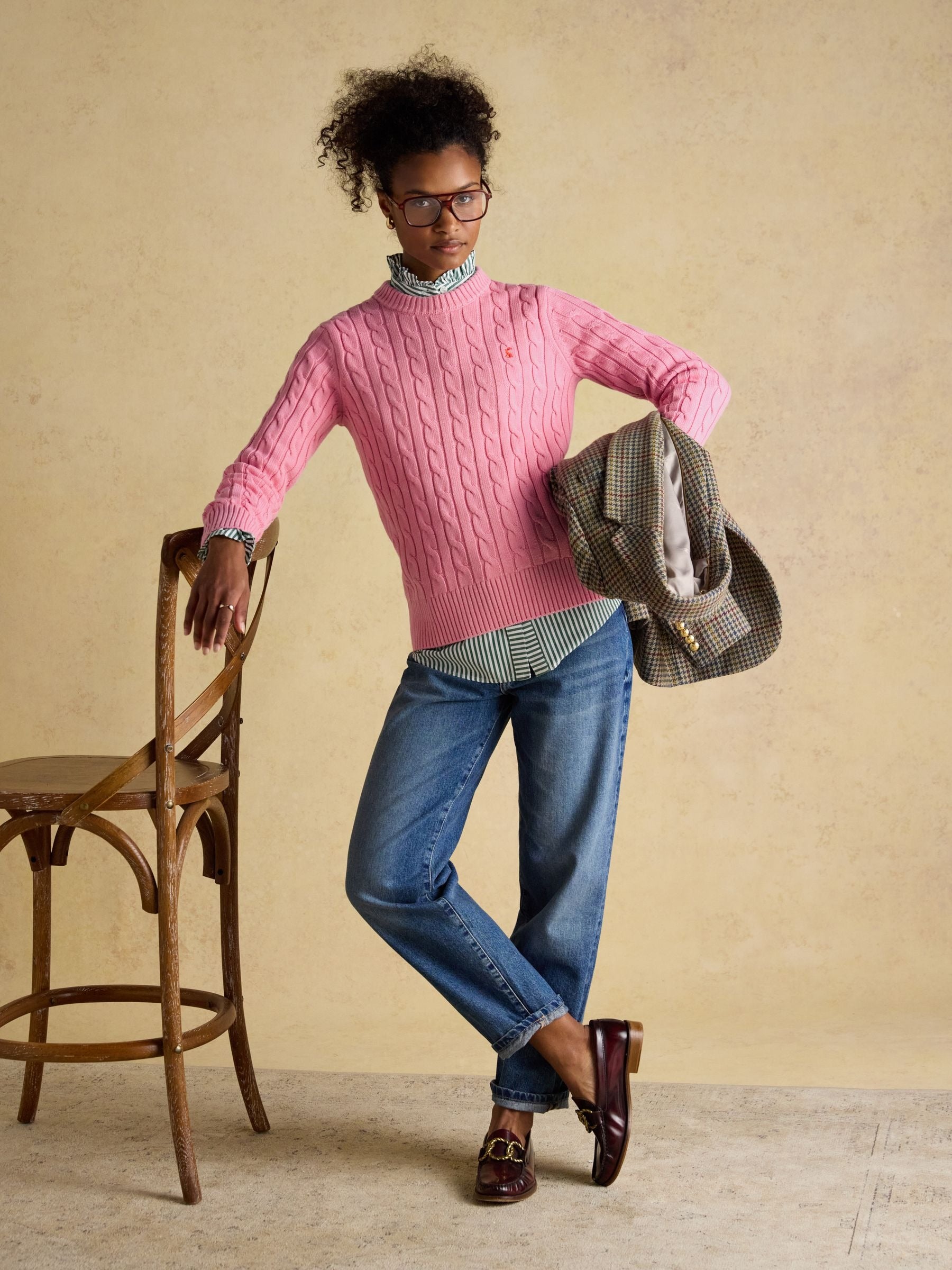 Pink Classic Crew Neck Cotton Cable Knit Jumper