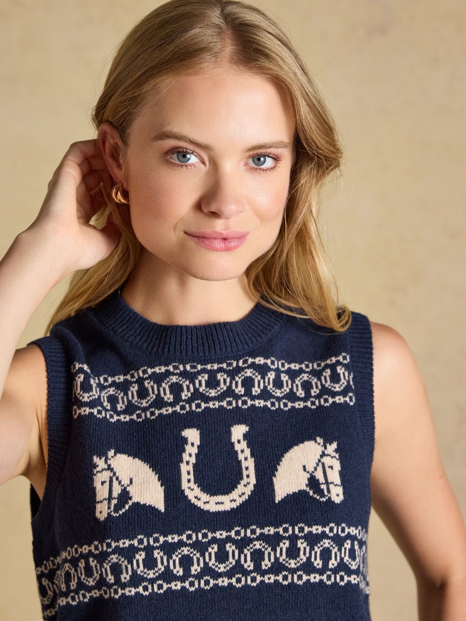 Horse Icon Navy Cotton Blend Crew Neck Knitted Vest
