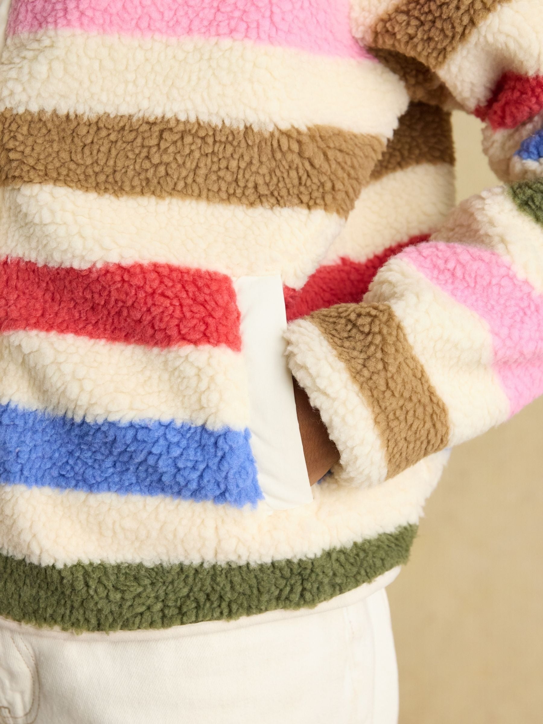 Cream Multi Bright Striped Borg Fleece Jacket