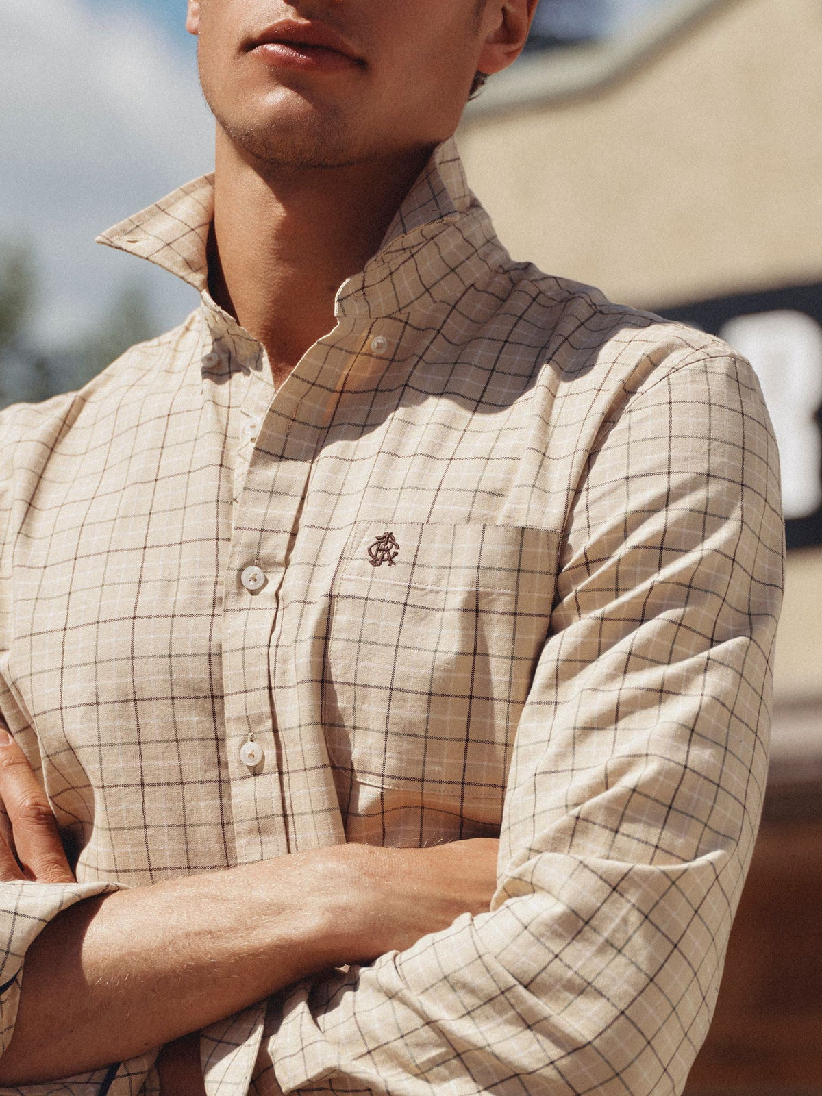 Oatmeal Checked Classic Fit Cotton Oxford Shirt