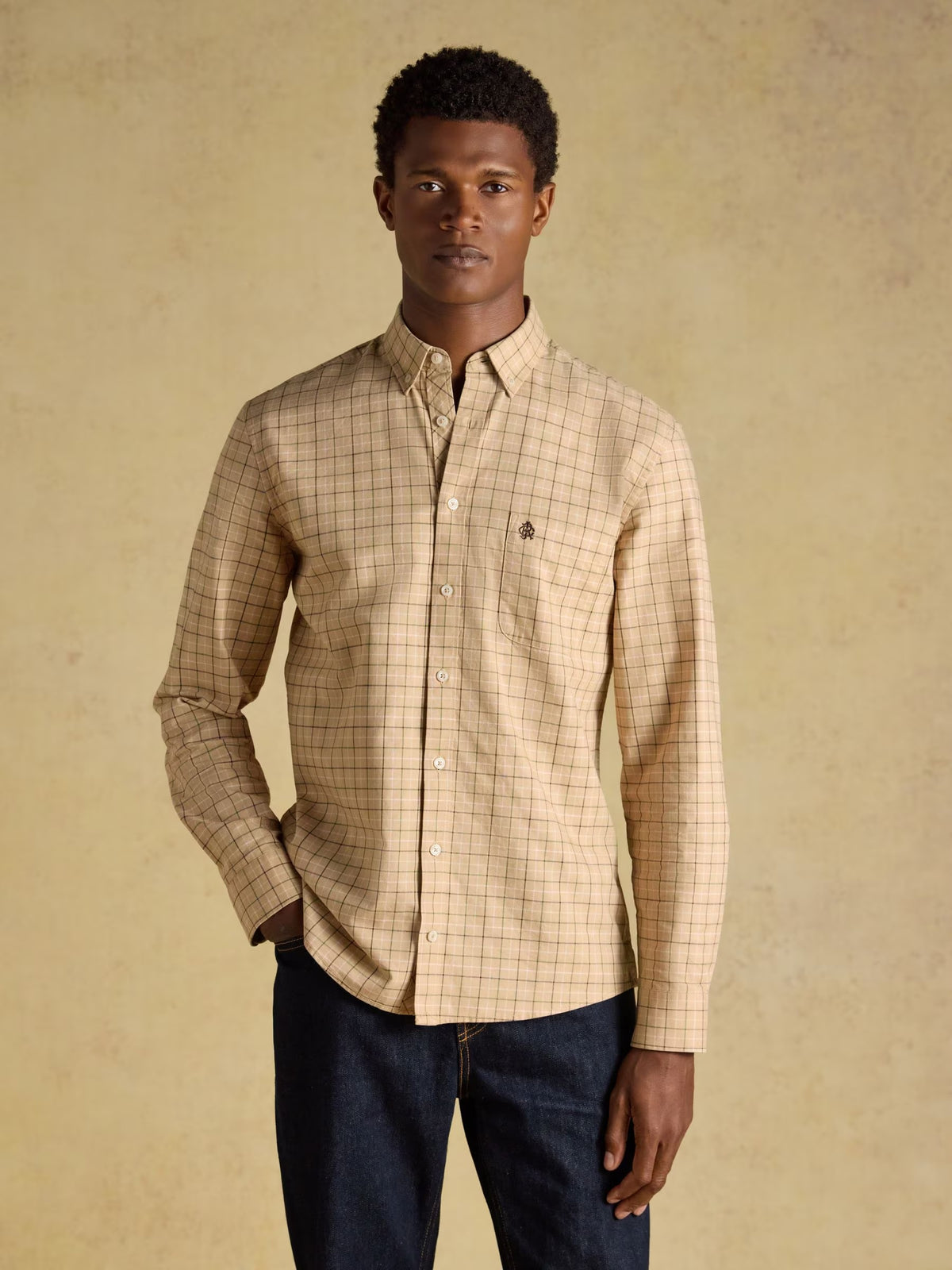 Oatmeal Checked Classic Fit Cotton Oxford Shirt