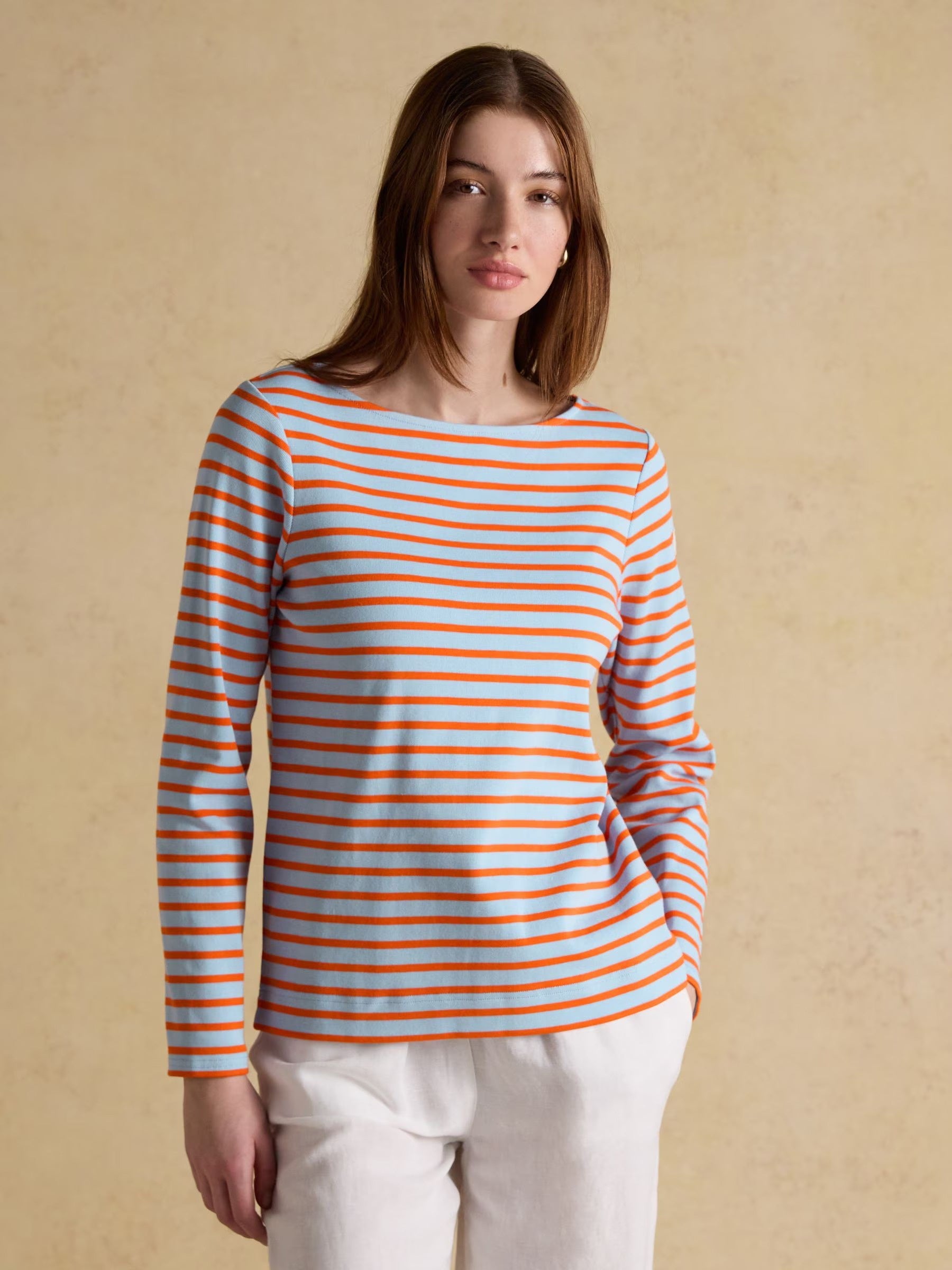 Harbour Blue & Orange Long Sleeve Striped Boat Neck Long Sleeve Breton Top