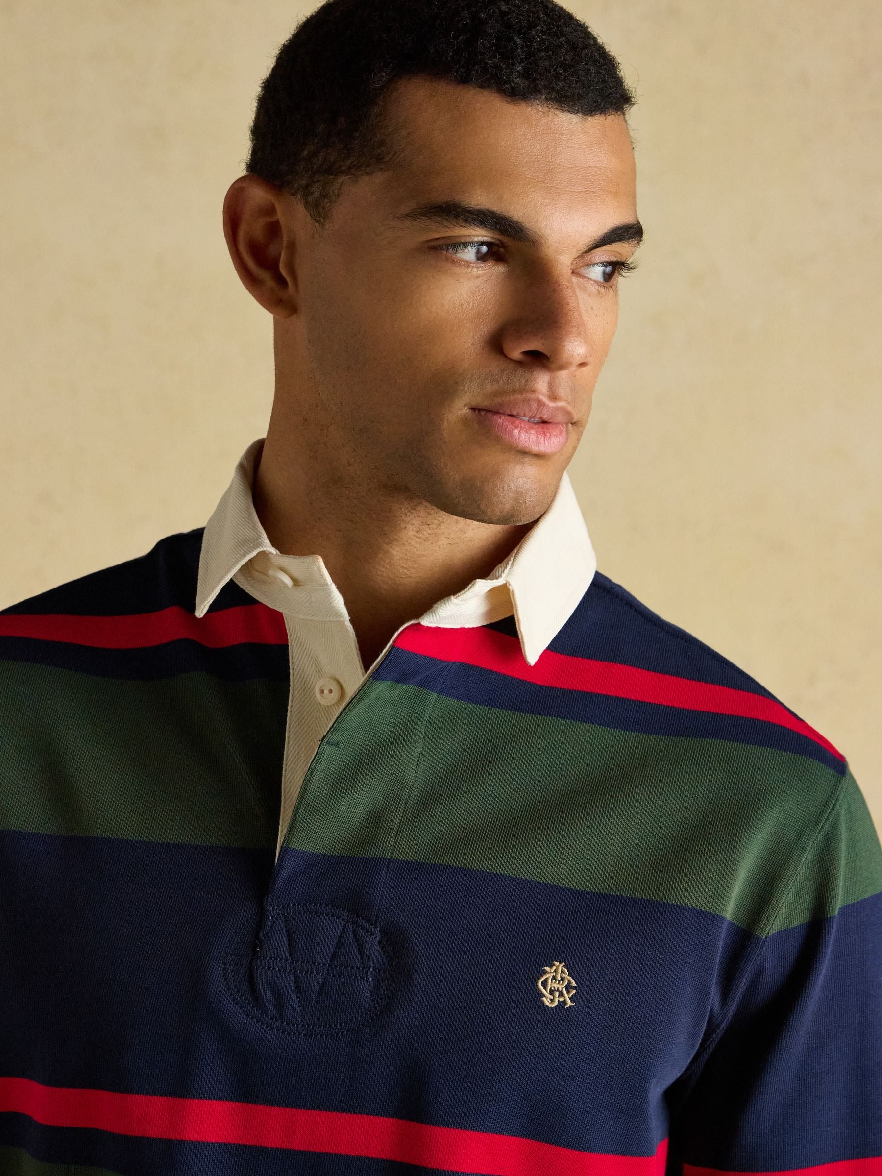 Navy & Green Striped Long Sleeve Rugby Shirt
