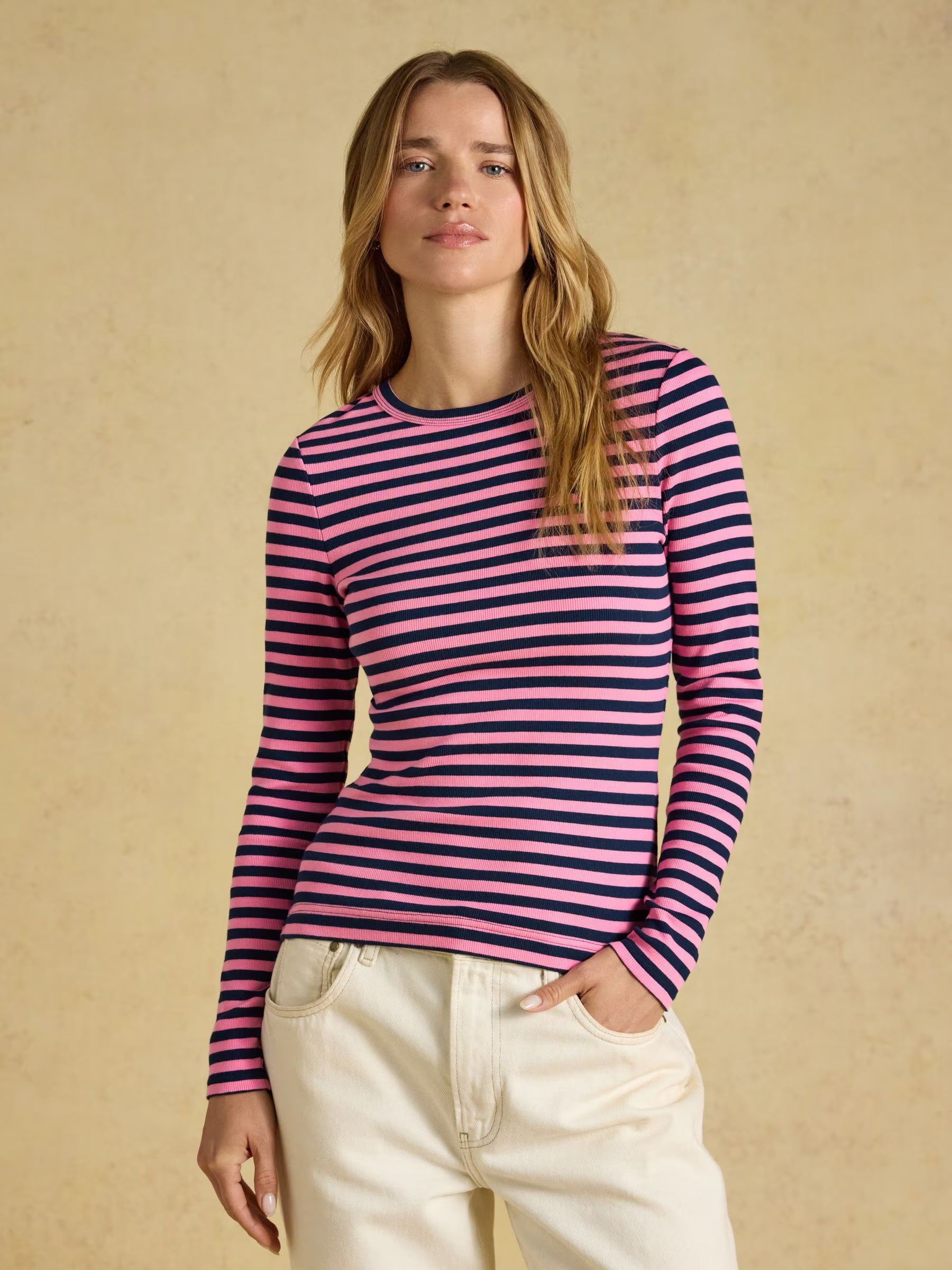 Sophie Navy& Pink Striped Long Sleeve Ribbed Fitted T-Shirt