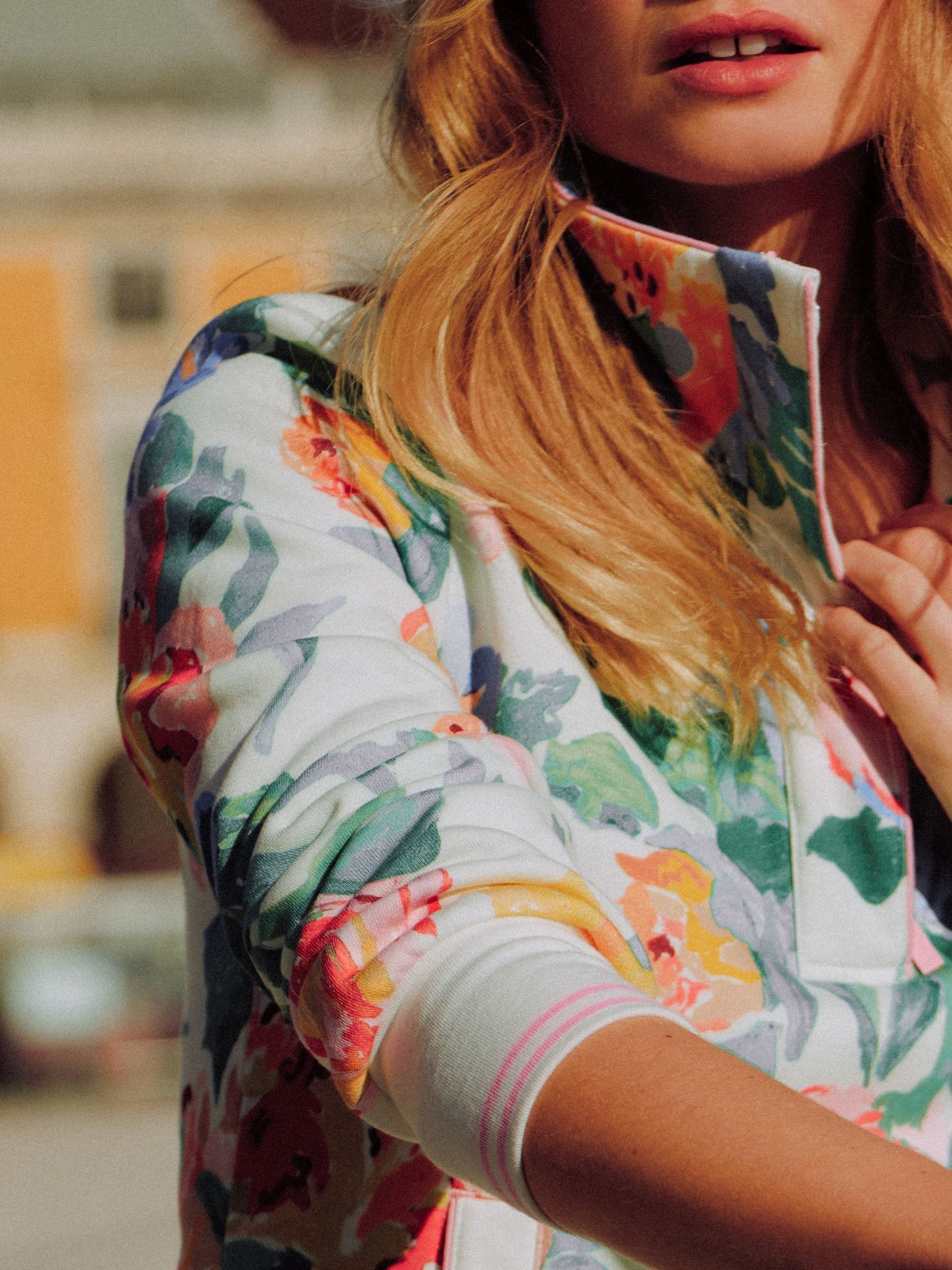 Burnham White Floral Quarter Zip Sweatshirt With Funnel Neck