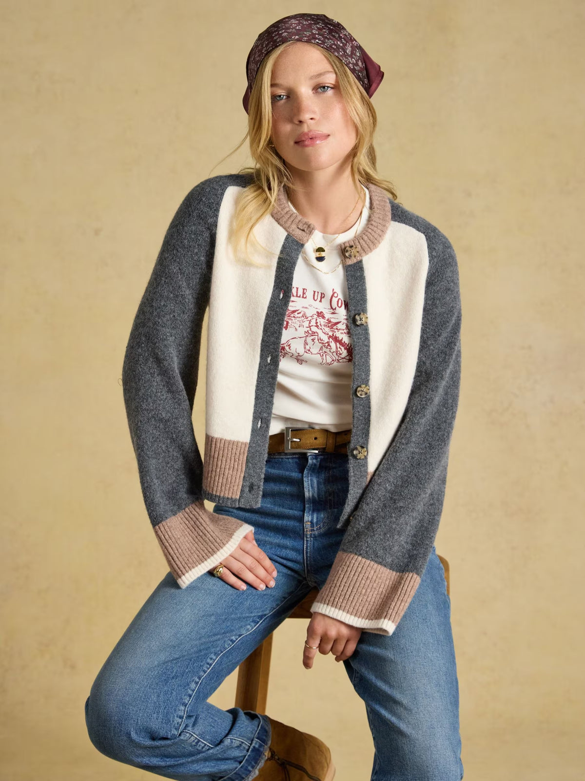 Cream & Tan Crew Neck Knitted Cardigan