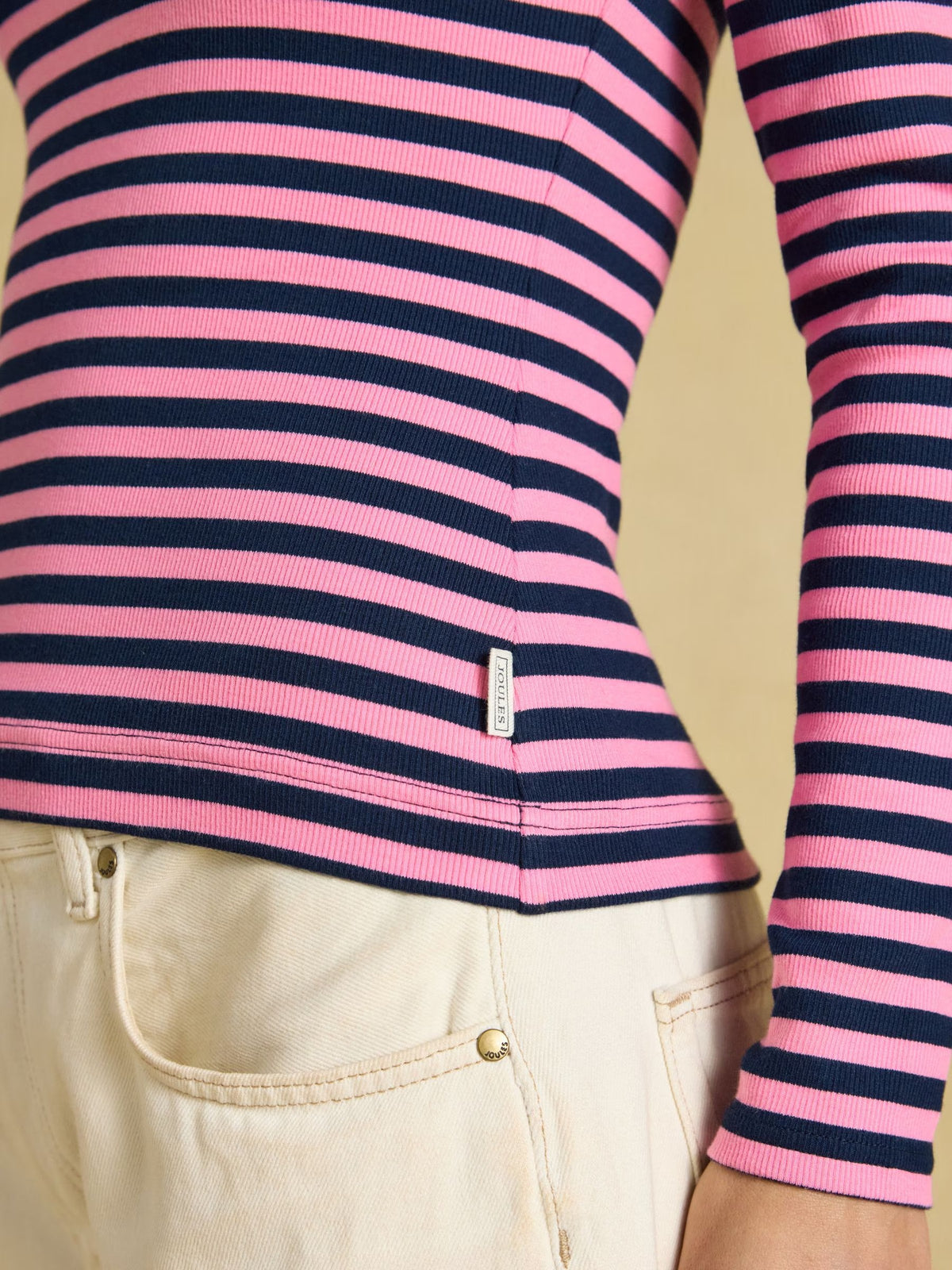 Sophie Navy & Pink Striped Long Sleeve Ribbed Fitted T-Shirt