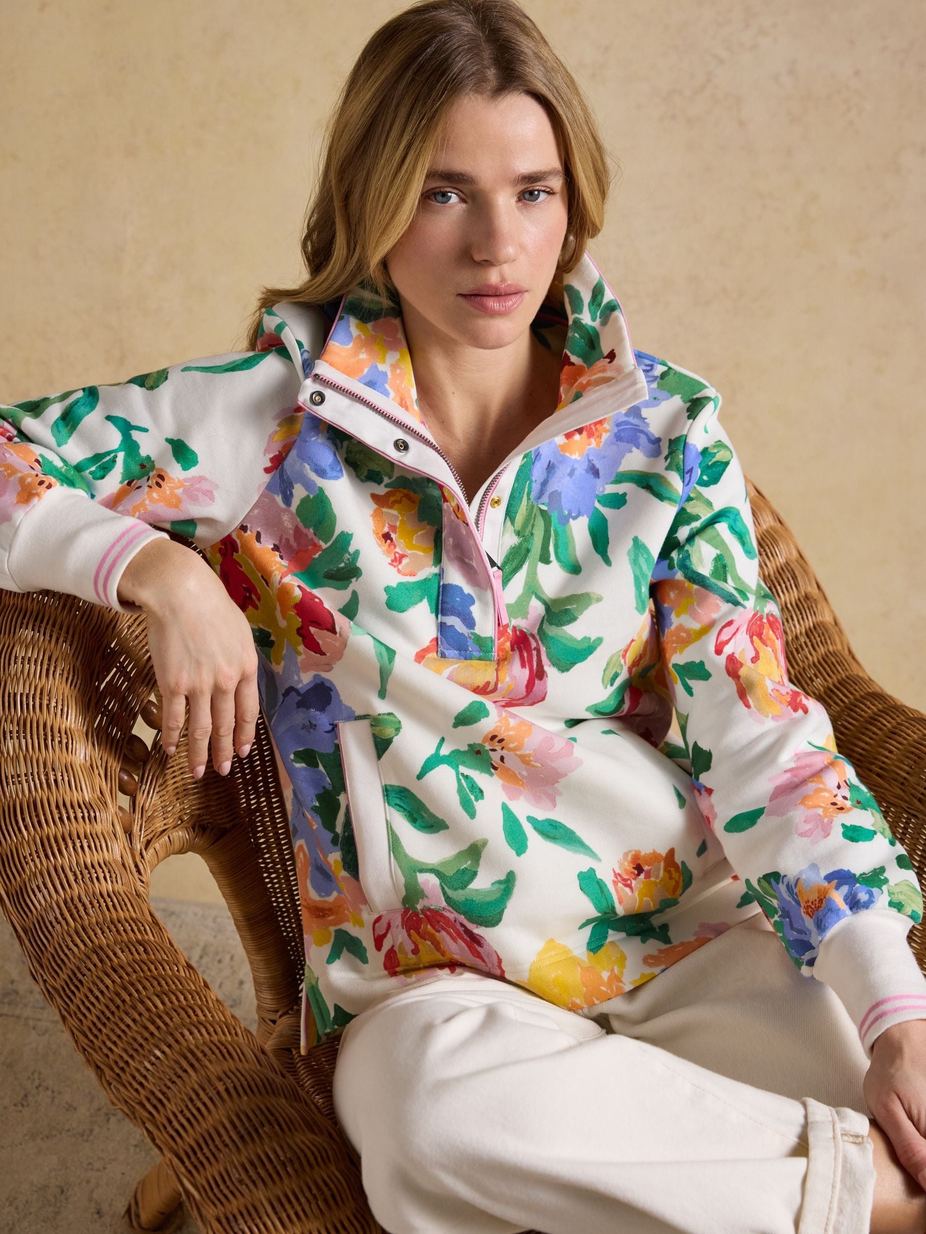 Burnham White Floral Quarter Zip Sweatshirt With Funnel Neck