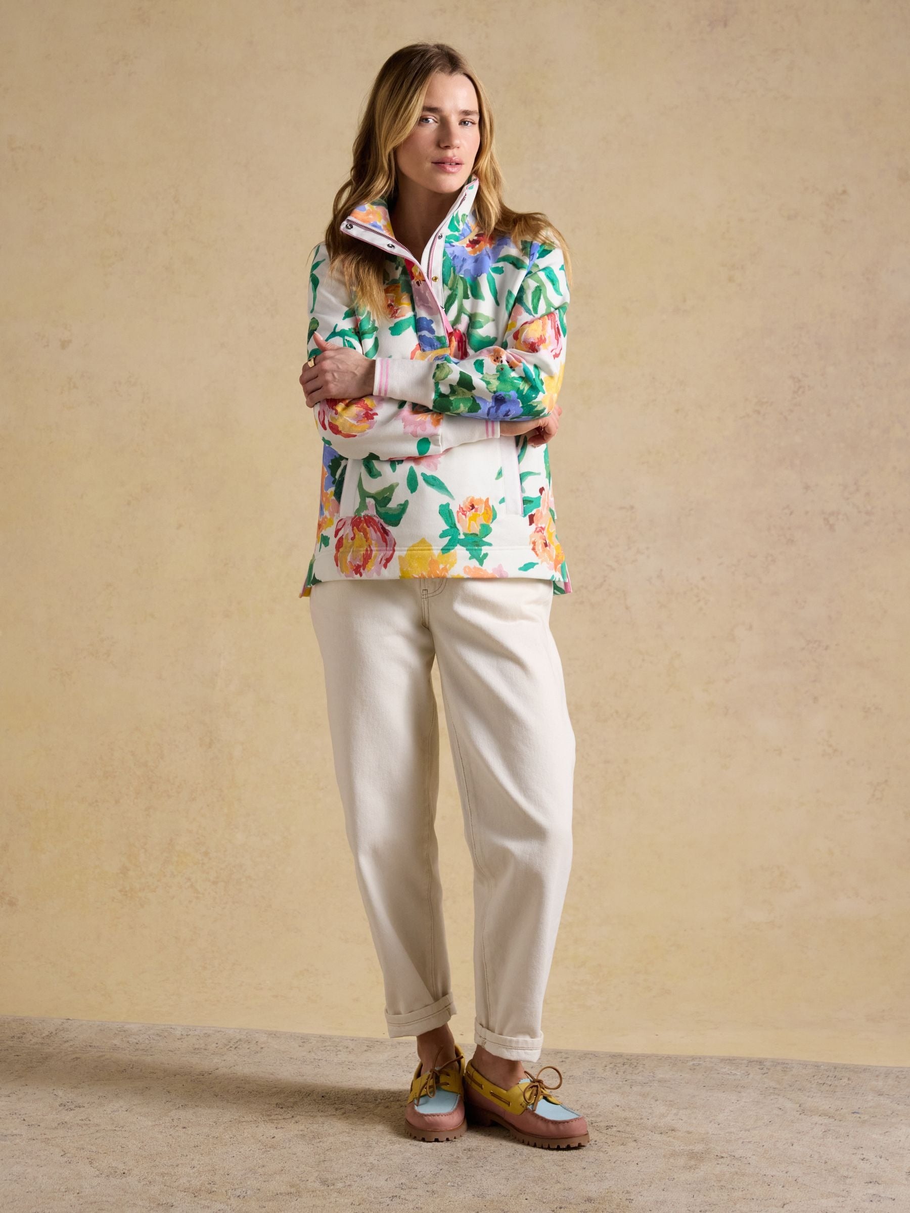 Burnham White Floral Quarter Zip Sweatshirt With Funnel Neck