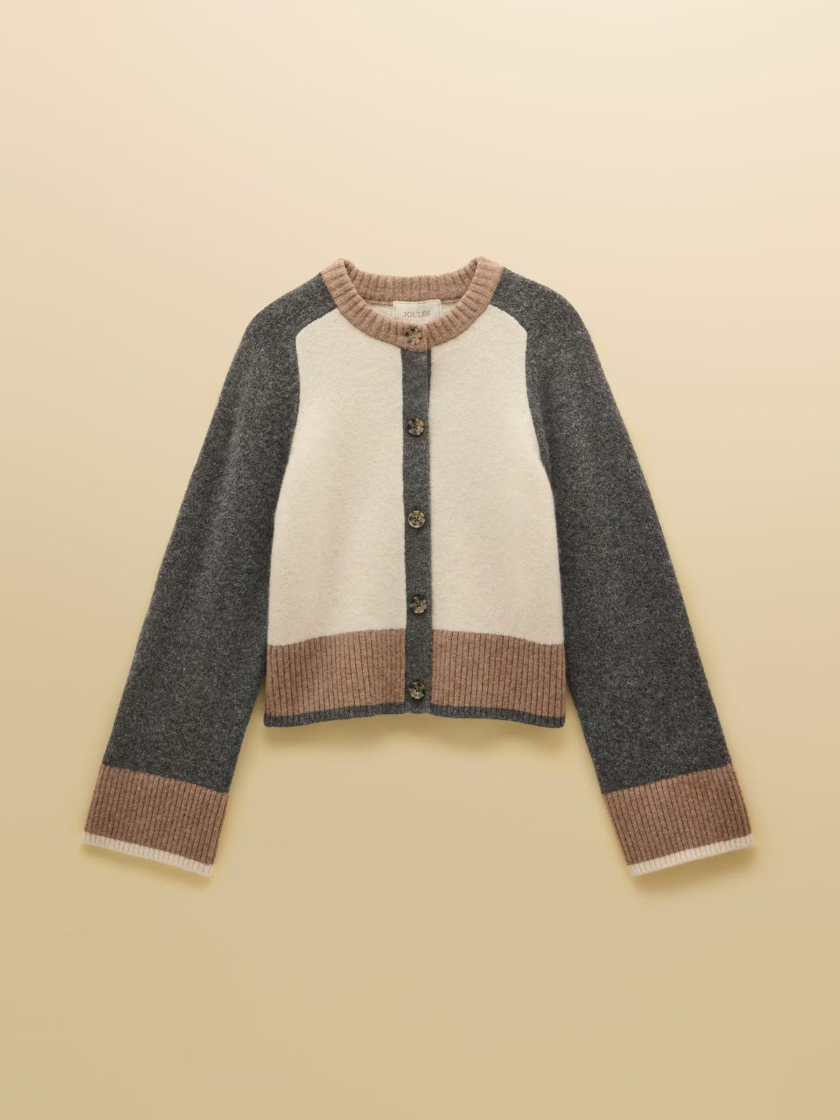 Cream & Tan Crew Neck Knitted Cardigan