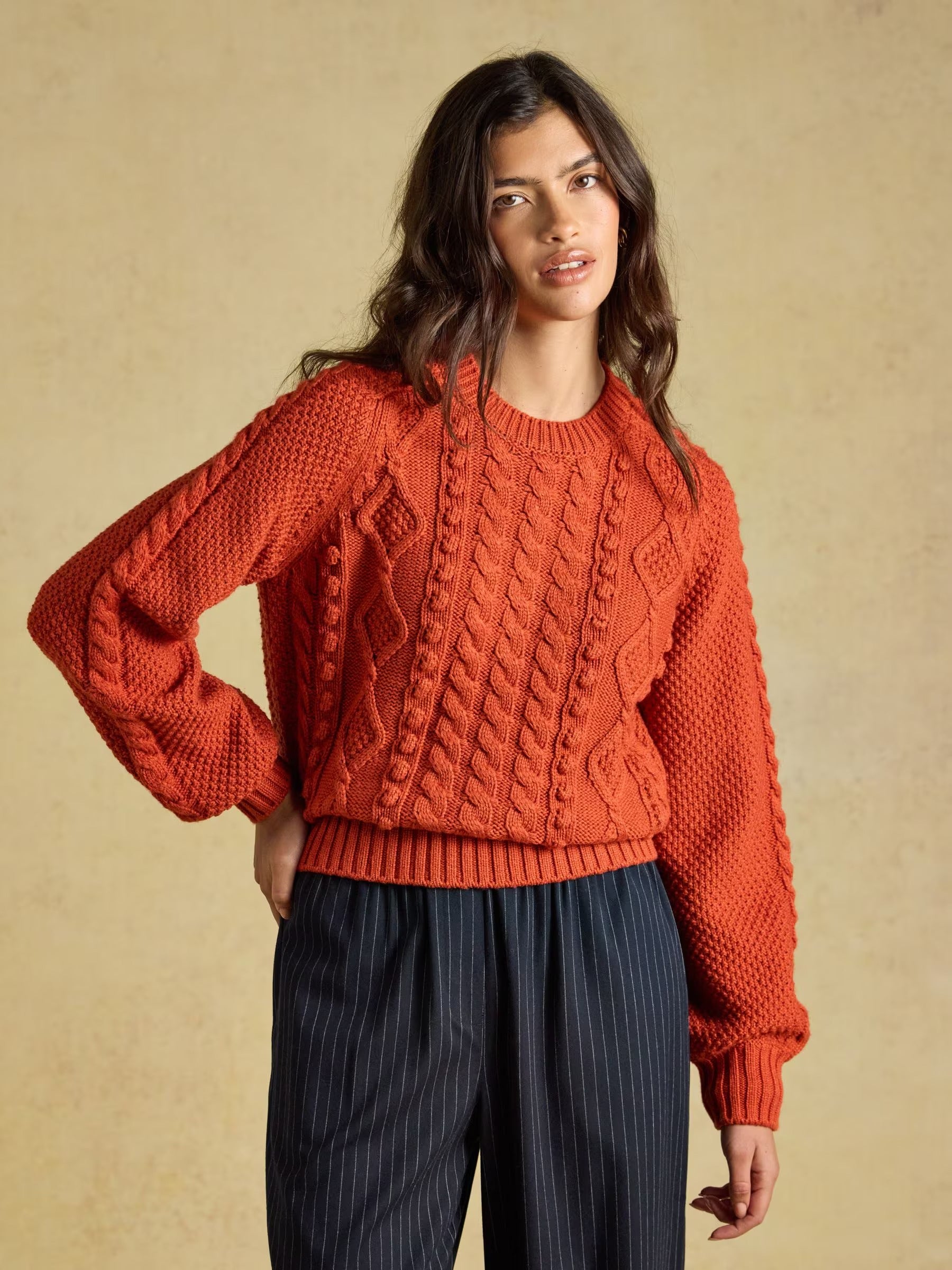 Rafferty Burnt Orange Cable Knit Crew Neck Jumper