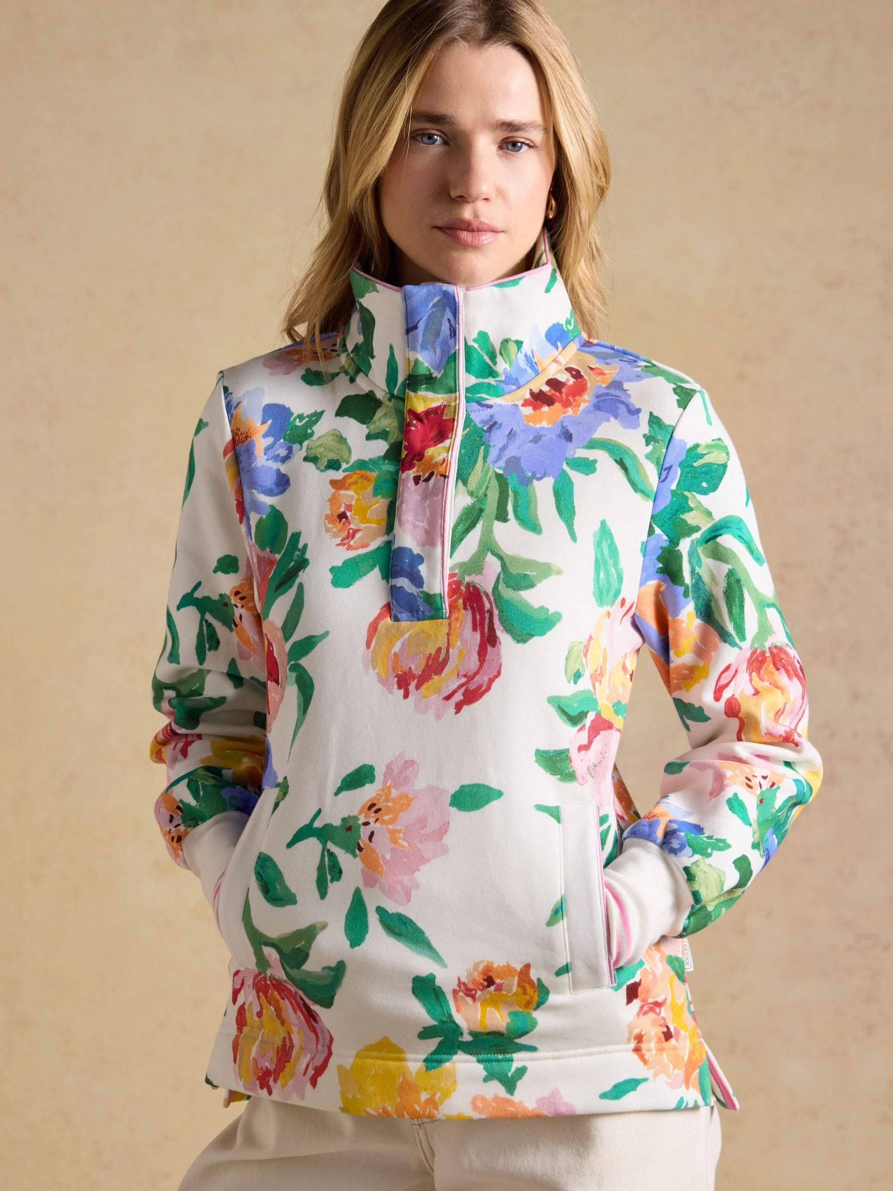 Burnham White Floral Quarter Zip Sweatshirt With Funnel Neck