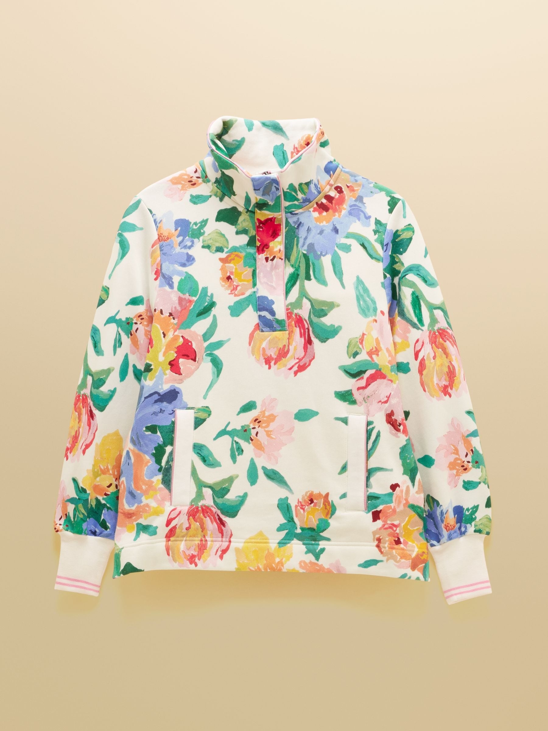 Burnham White Floral Quarter Zip Sweatshirt With Funnel Neck