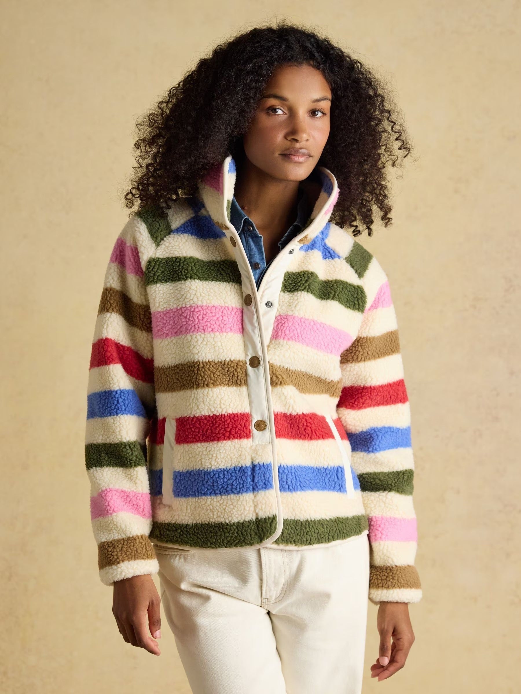 Cream Multi Bright Striped Borg Fleece Jacket