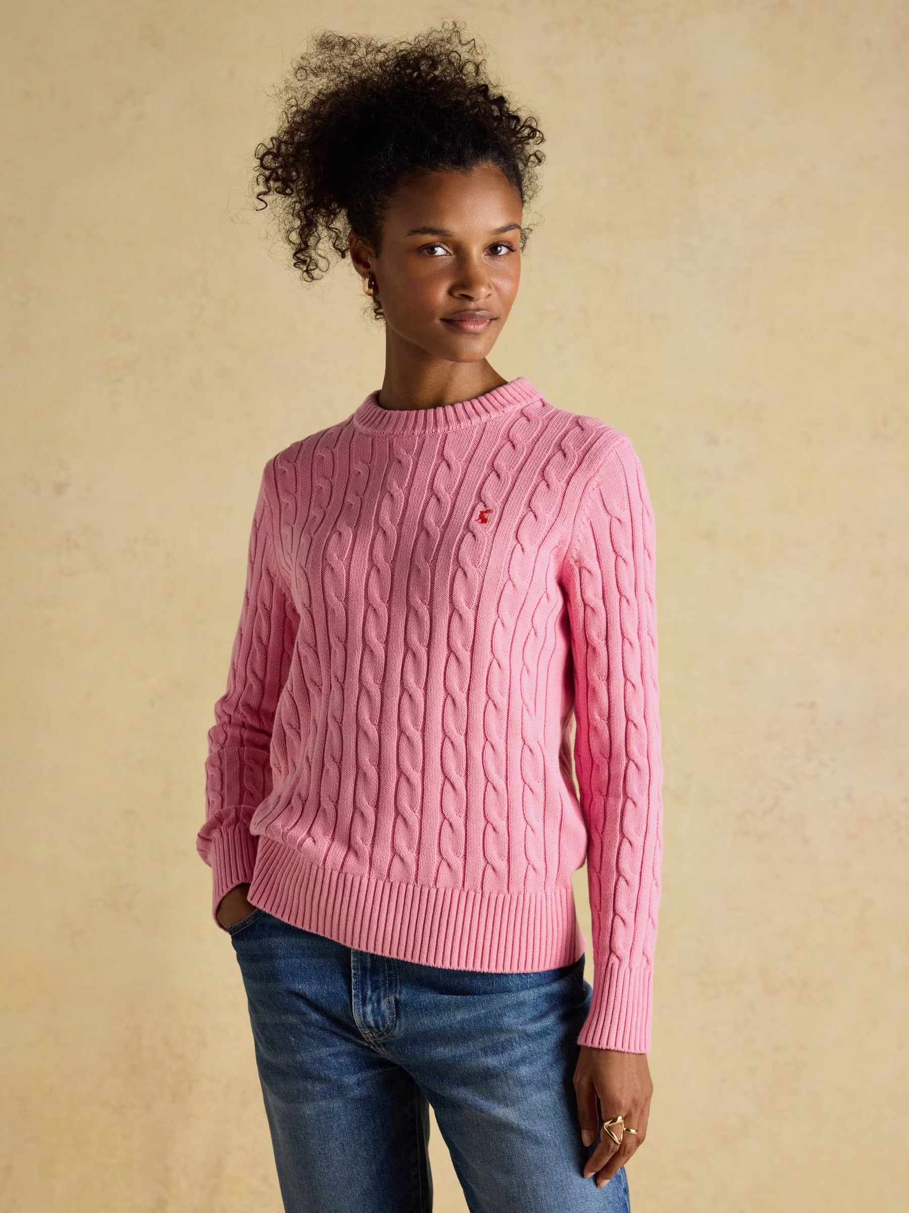 Pink Classic Crew Neck Cotton Cable Knit Jumper