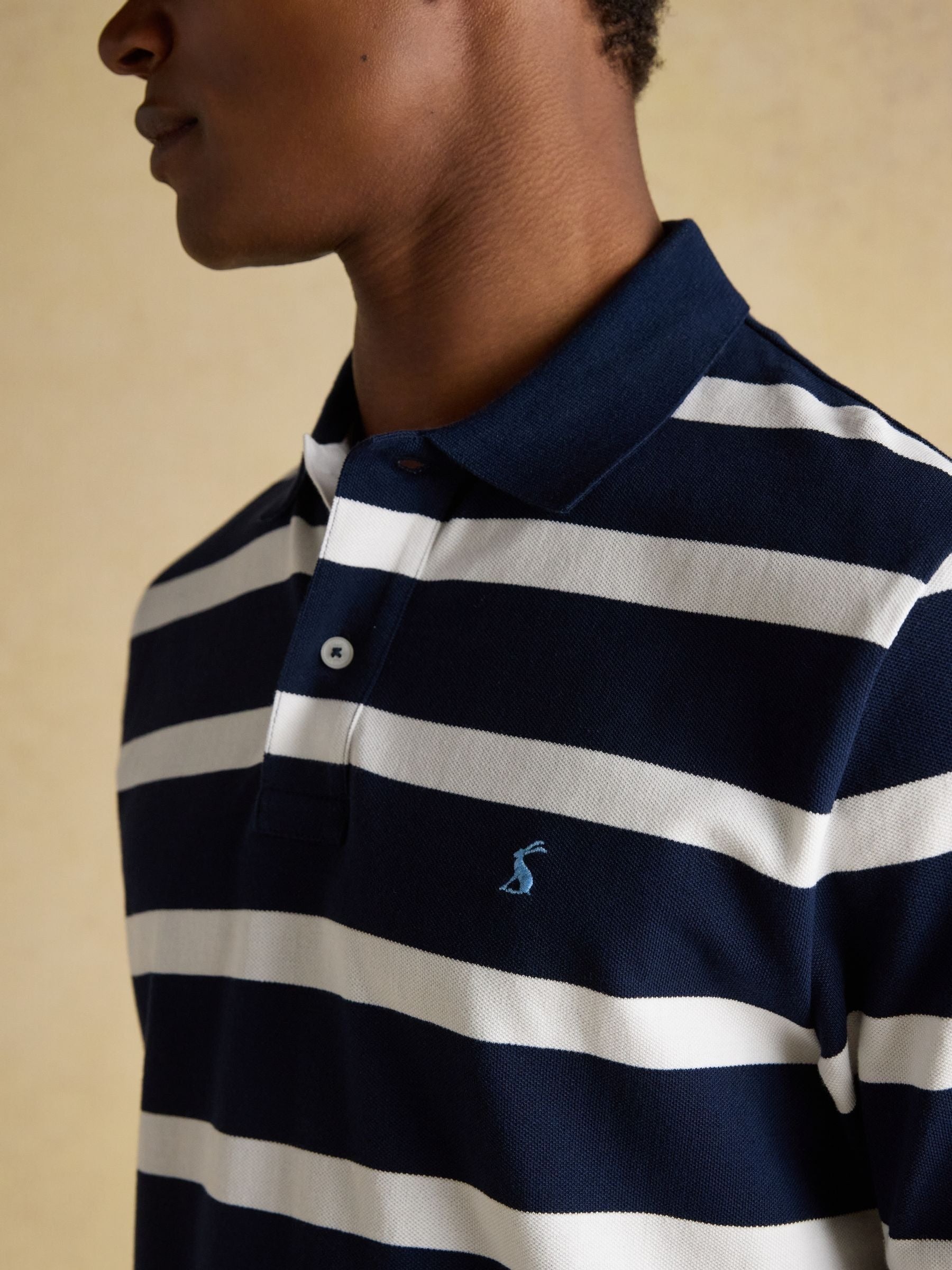 Woody Navy & White Striped Cotton Pique Polo Shirt