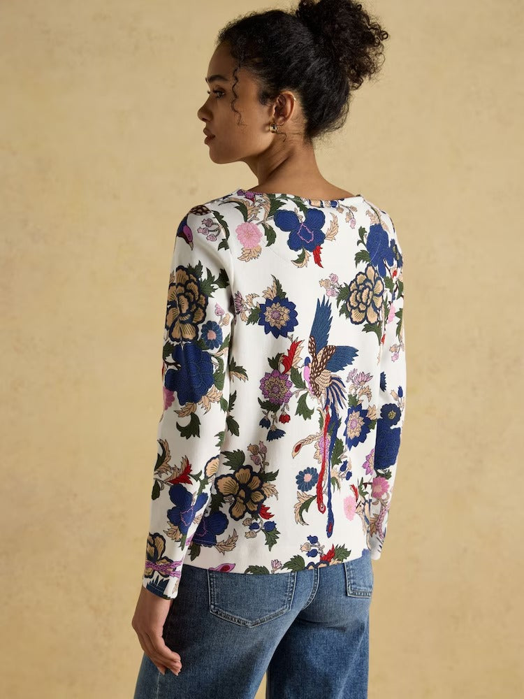 Harbour Cream Bird Floral Boat Neck Printed Top
