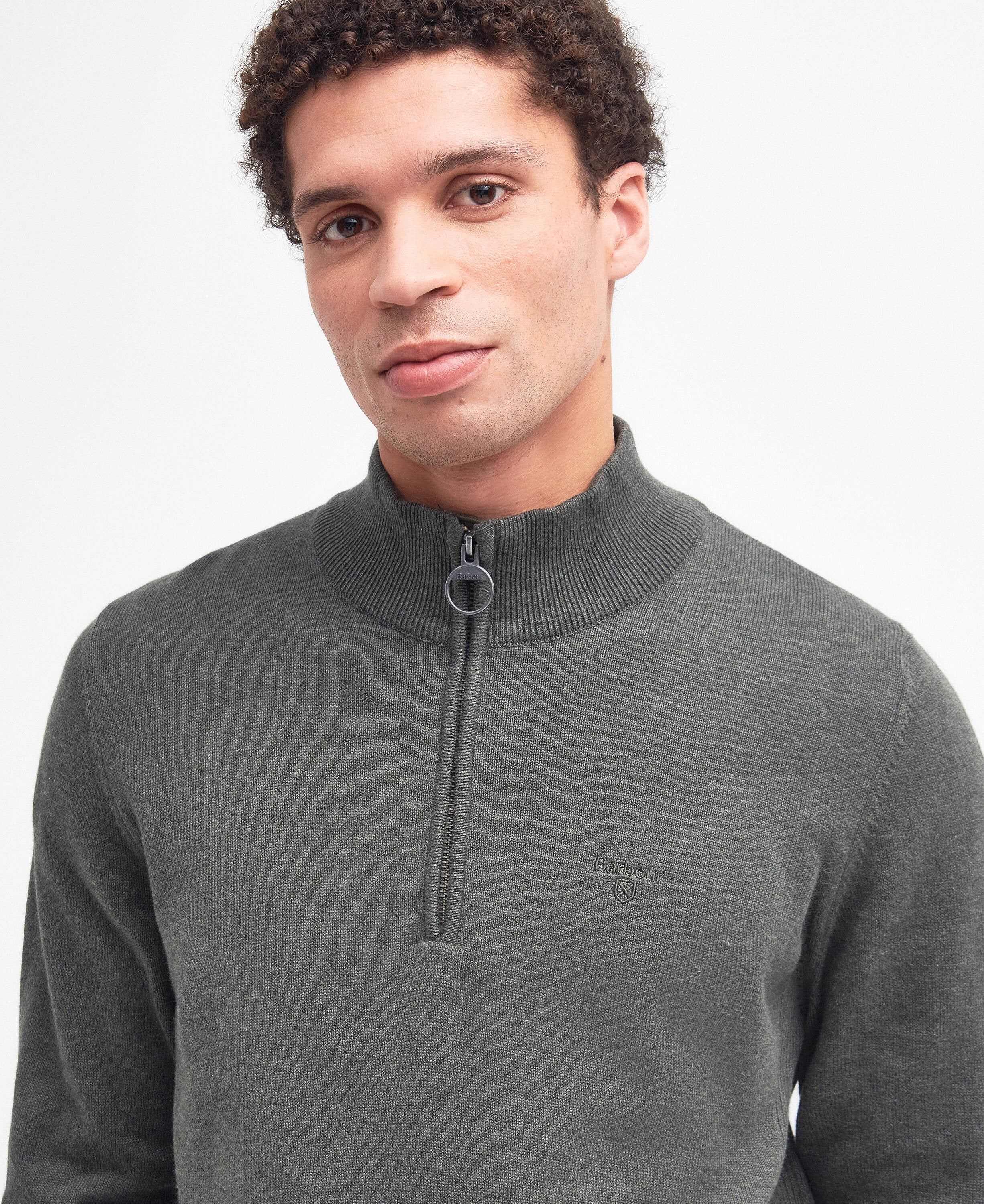 Cotton Quarter-Zip Jumper - Olive Marl