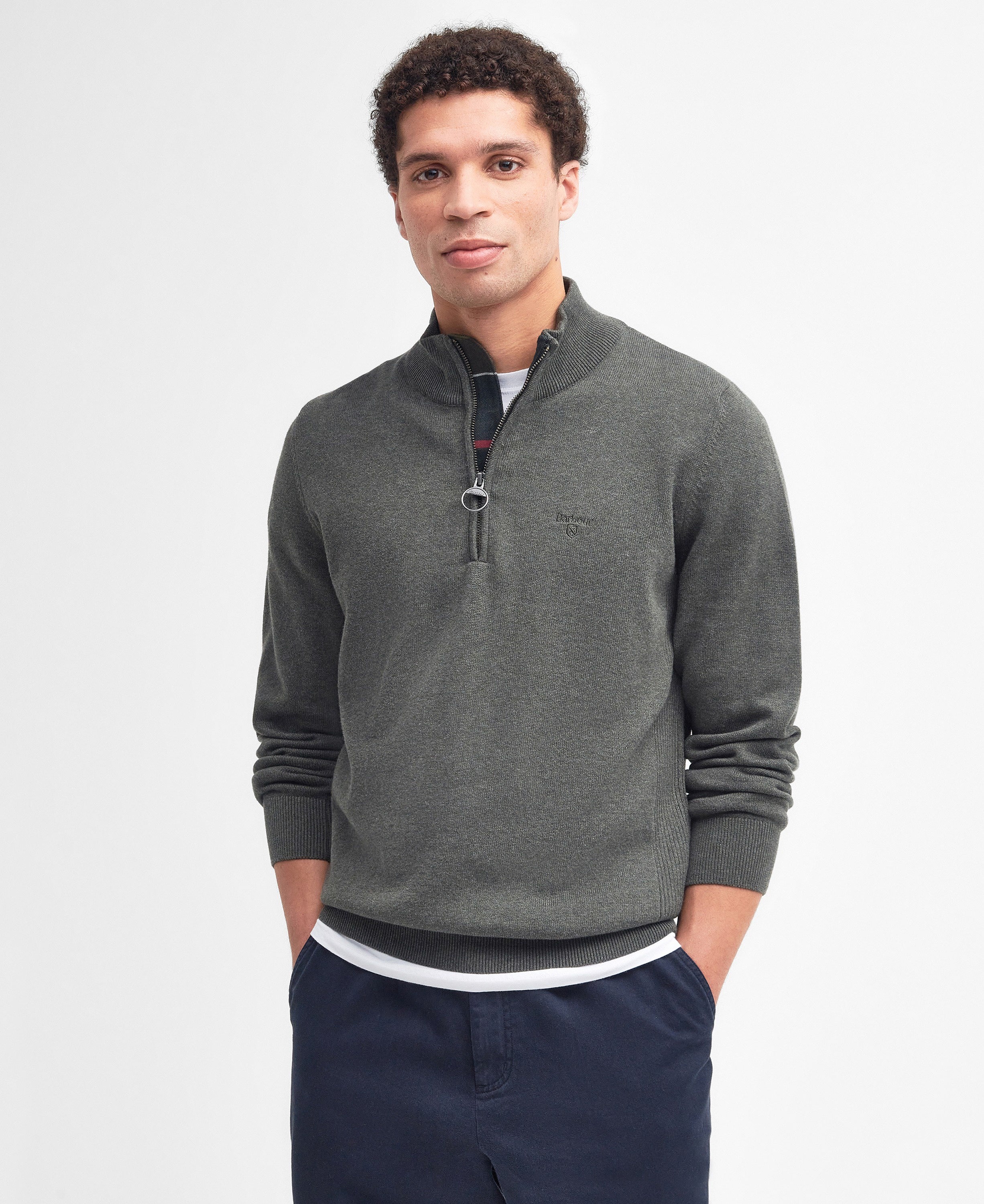 Cotton Quarter-Zip Jumper - Olive Marl