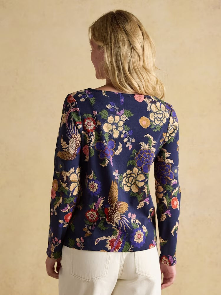 Harbour Navy Bird Floral Boat Neck Printed Top