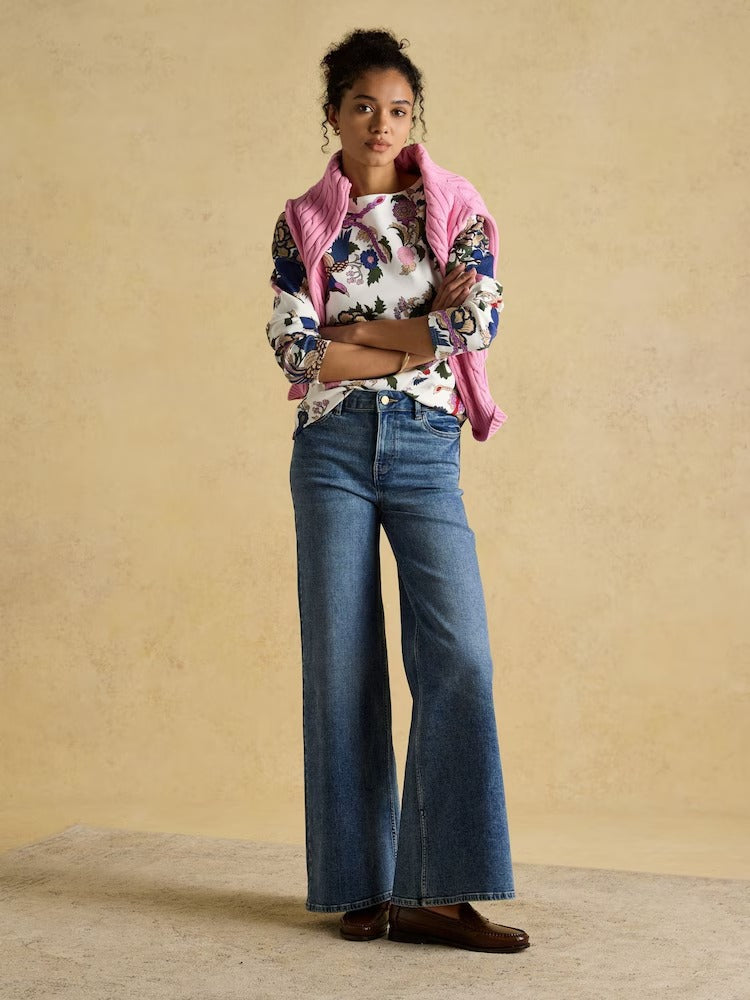 Harbour Cream Bird Floral Boat Neck Printed Top