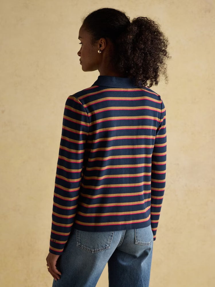 Premium Ribbed Navy Tan Pink Button Through Jersey Cardigan