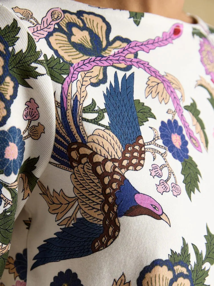 Harbour Cream Bird Floral Boat Neck Printed Top