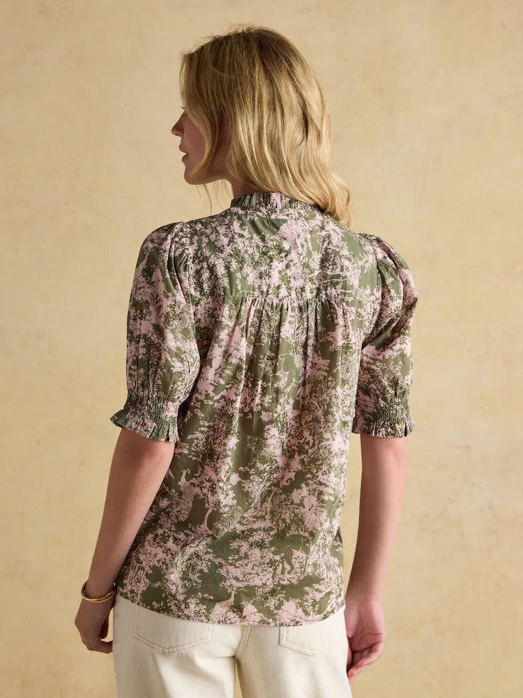 Silvia Green Frill Neck Smocked Blouse