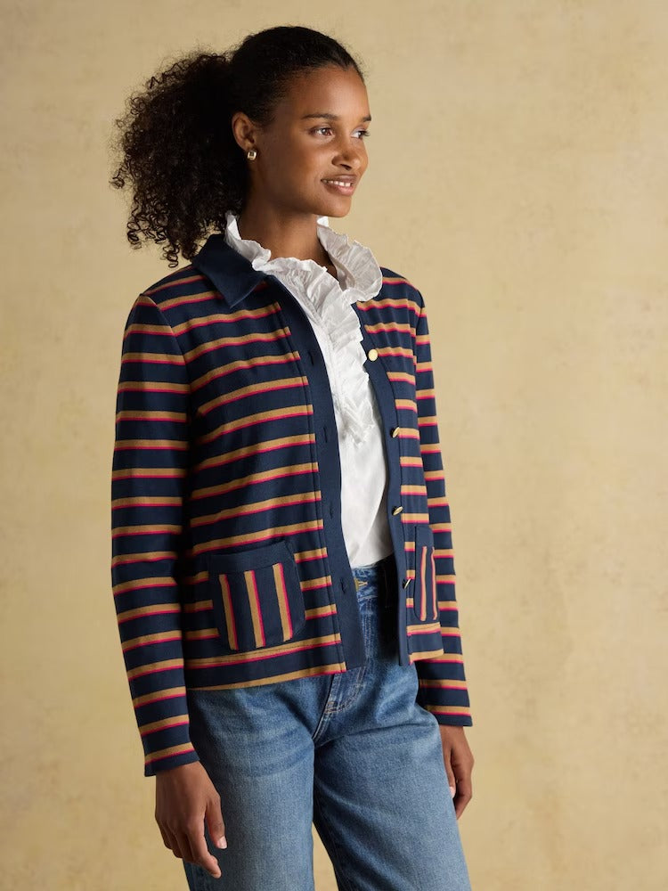 Premium Ribbed Navy Tan Pink Button Through Jersey Cardigan