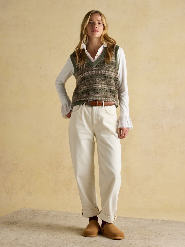 Islay Green V Neck Fairisle Cotton Rich Vest