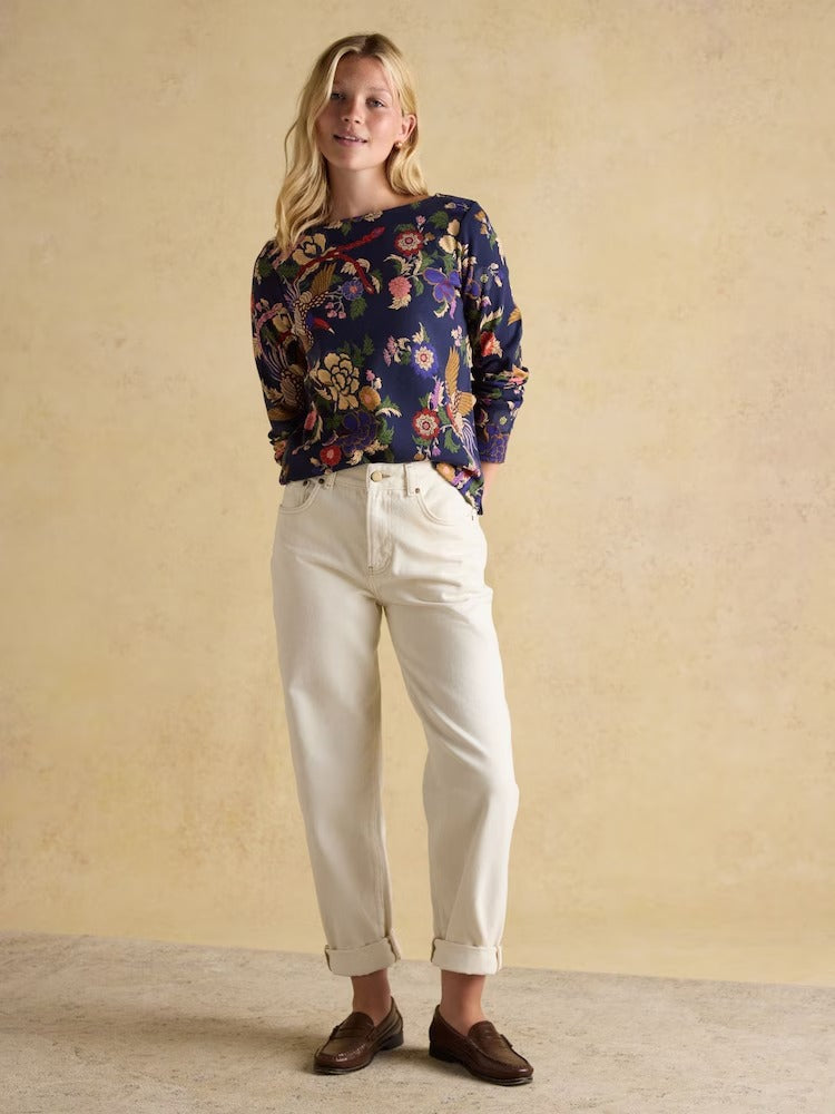 Harbour Navy Bird Floral Boat Neck Printed Top