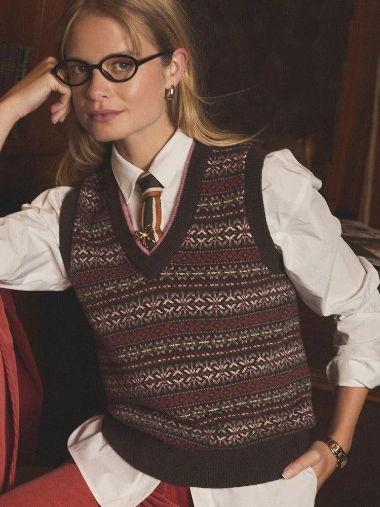 Islay Brown V Neck Fairisle Cotton Rich Vest