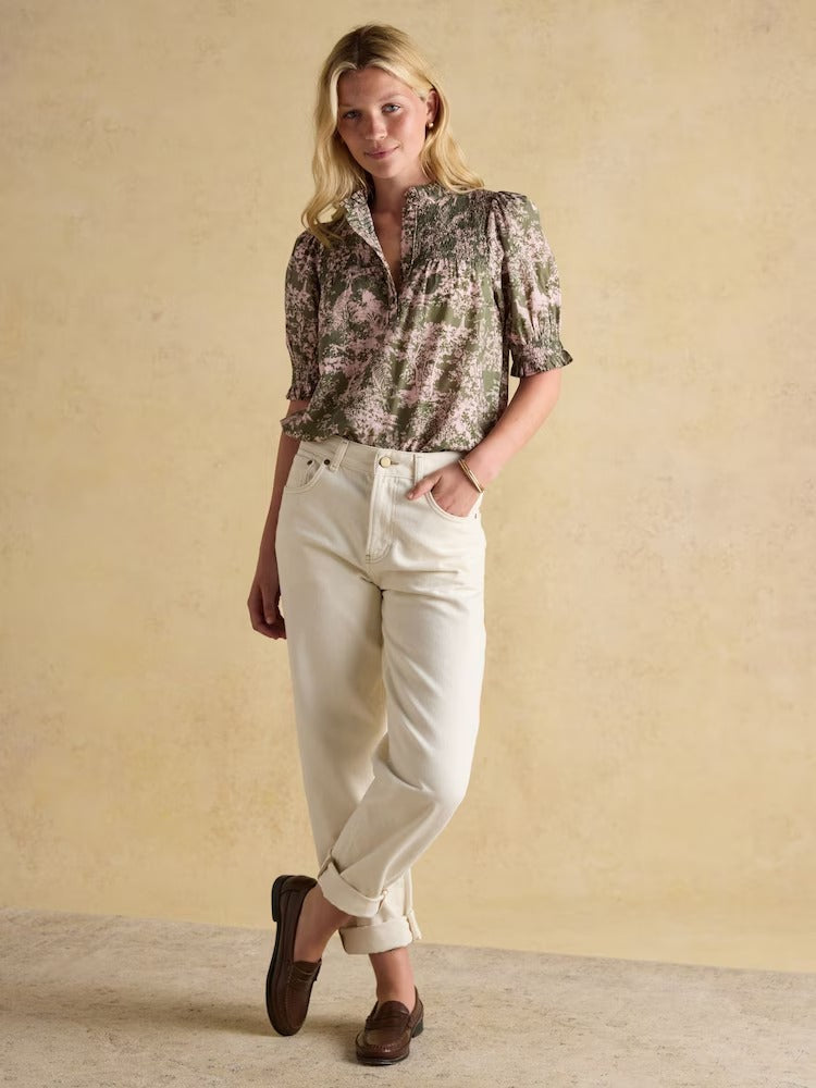 Silvia Green Frill Neck Smocked Blouse