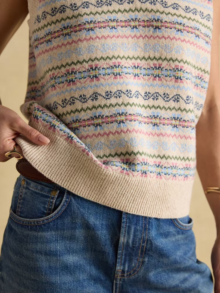 Islay Cream V Neck Fairisle Cotton Rich Vest