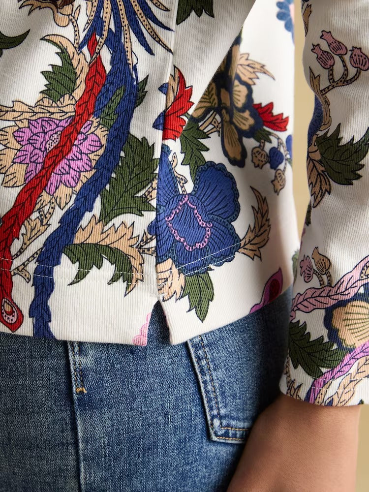 Harbour Cream Bird Floral Boat Neck Printed Top
