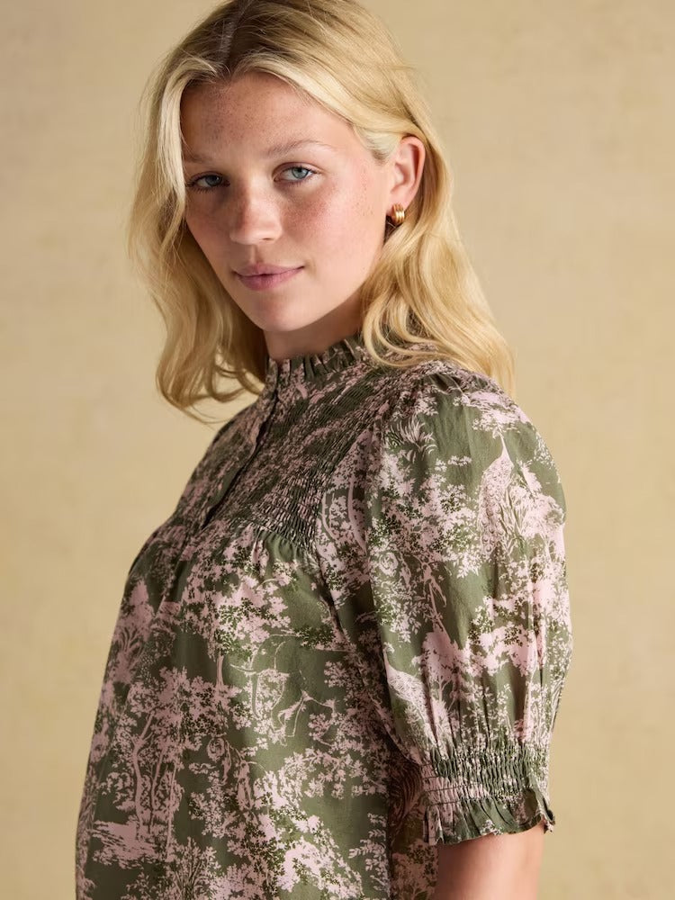Silvia Green Frill Neck Smocked Blouse