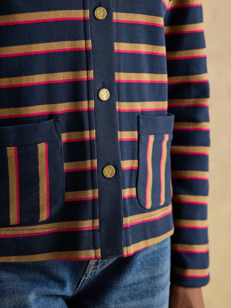 Premium Ribbed Navy Tan Pink Button Through Jersey Cardigan