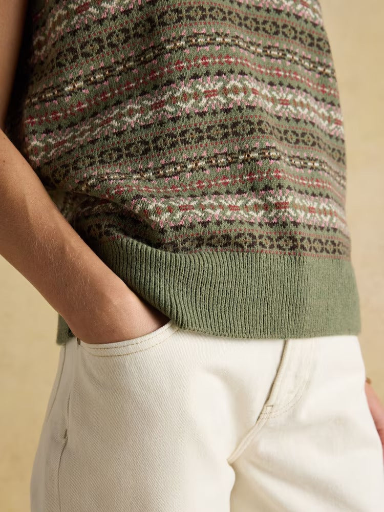 Islay Green V Neck Fairisle Cotton Rich Vest