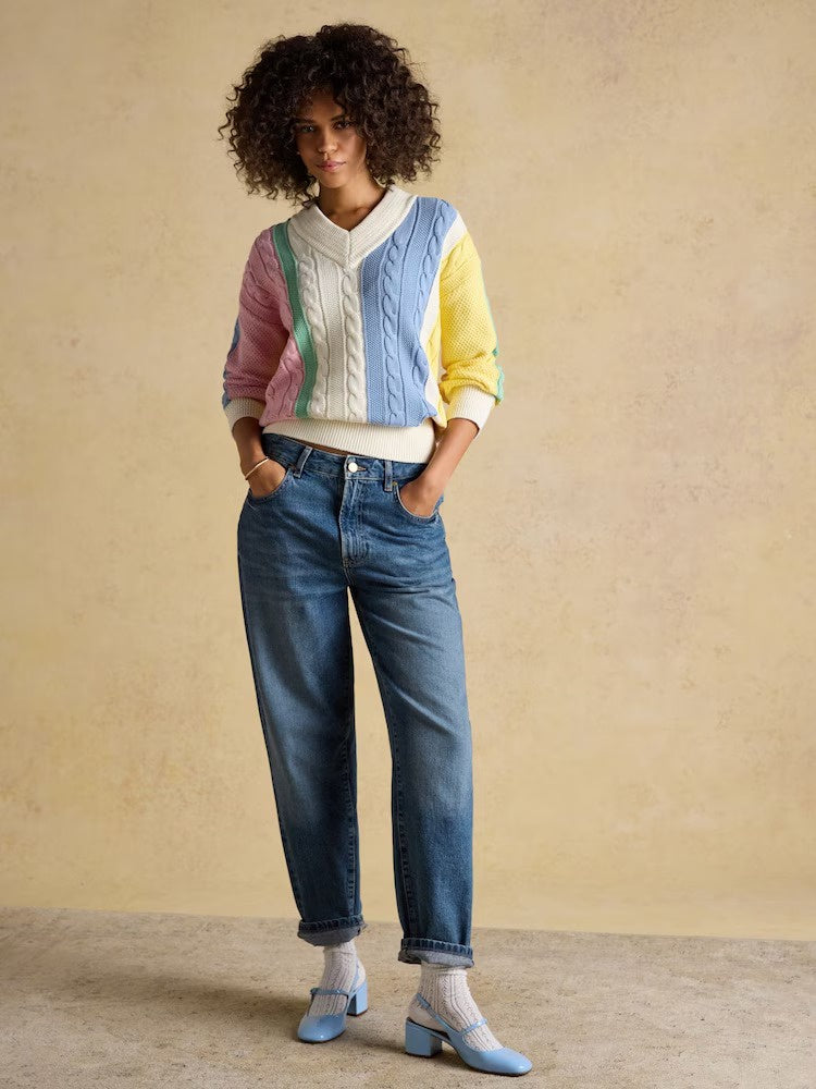Multi Stripe Cable Knit Cricket Cotton Jumper