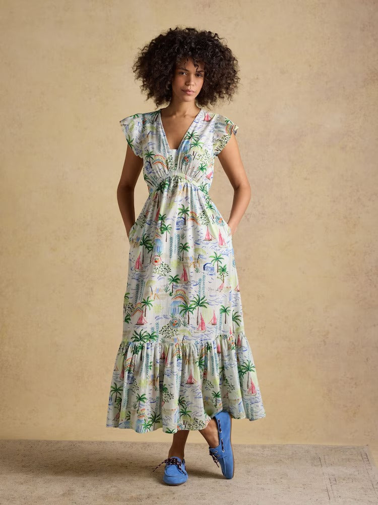 Winnie Coastal Scene Print Frill Shoulder Maxi Dress