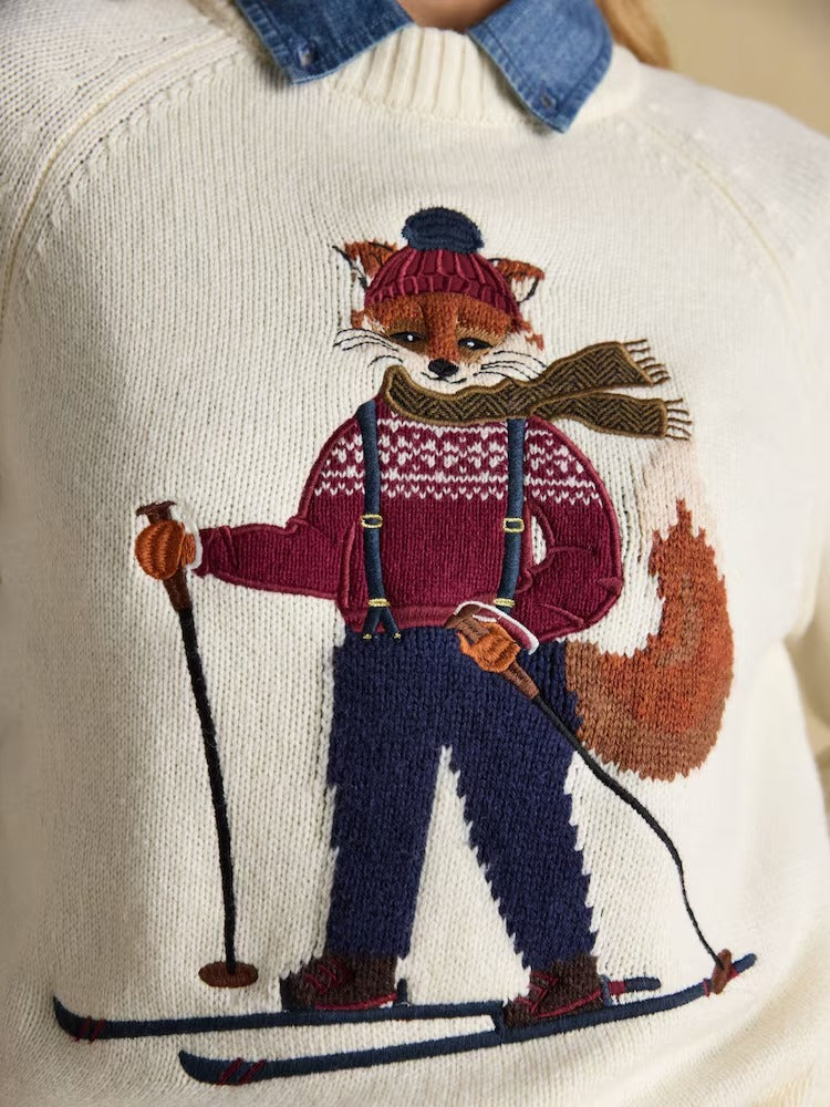 Jonty Skiing Intarsia Cotton-Rich Crew Neck Jumper