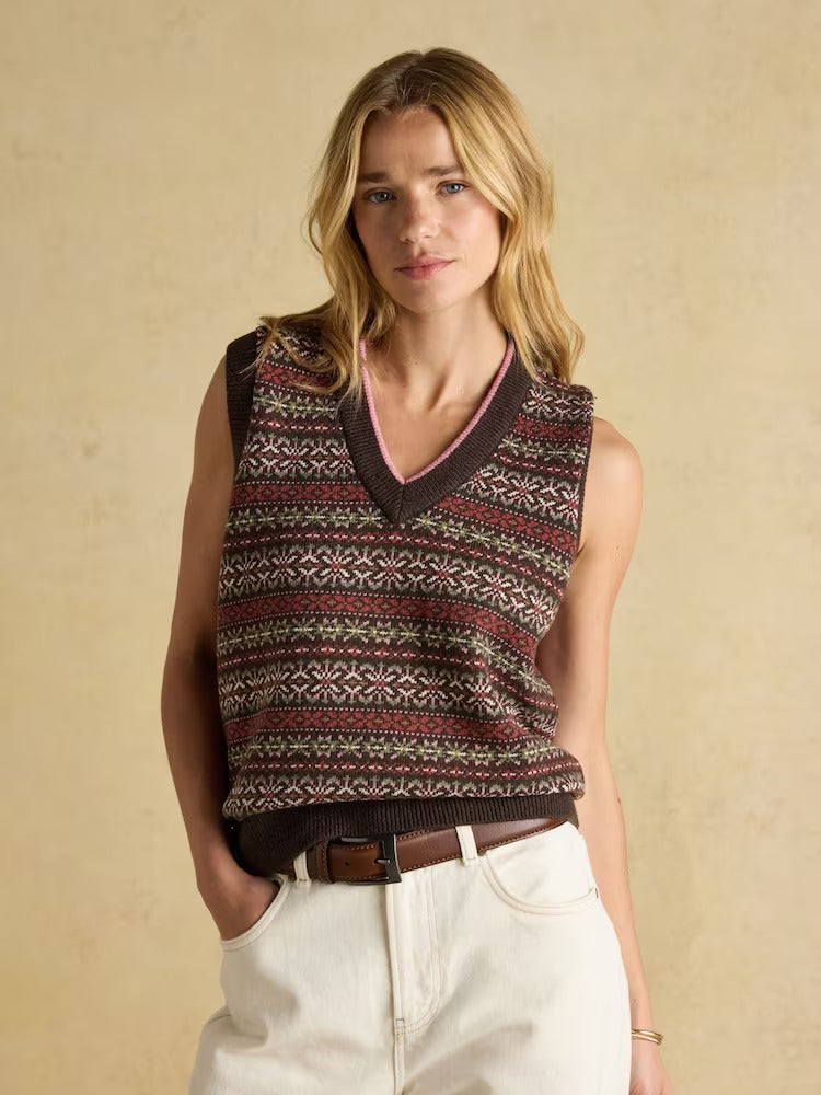 Islay Brown V Neck Fairisle Cotton Rich Vest