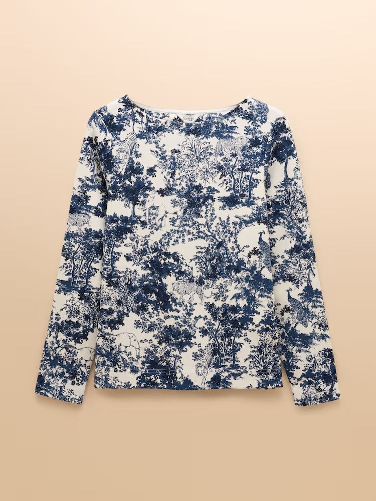 Harbour Navy Toile de Jouy Boat Neck Printed Top